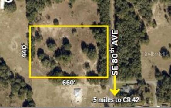 Great Location just 1/4 mile north of Hwy 42 the north boundary of Sumter Landing of The Villages.   Close to VA Hospital and Publix at Mulberry Square.   Property has 440 feet of frontage on Paved SE 80th Avenue and is 660 Feet deep.   Land faces east.   SE 80th Avenue is a short cut from US Hwy 441/301 to the north to CR 42.    Property is across from Orange Blossom hills.   Zoning is A1 and the property is somewhat fenced and had been cleared in the past.   Ideal for mini farm and investment for progress in the area.   the site is 6.67 acres and is ideal for hobby farm, house with guest house, possibility of a church or ag business.  Drive by anytime.   Love this location if you want more land without HOA or deed restrictions.   Keep your house in The villages and add this well-located property to your investment real estate portfolio or have your animals and gardens here, while being able to go to the Villages for all the fine entertainment and restaurants they offer.