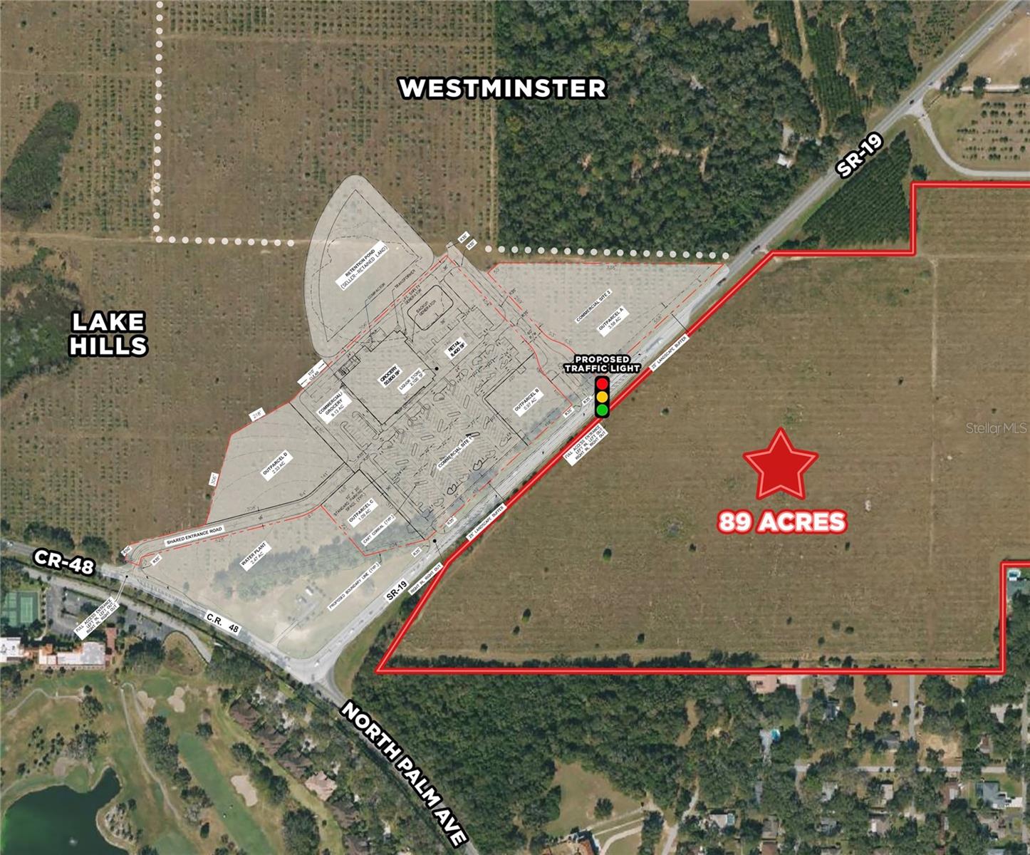 89 MOL acres mixed use opportunity at the northeast corner of the intersection of State Rd 19 & County Rd 48 at the Mission Inn in Howey in the Hills, FL. Scenic vistas of Little Lake and Lake Harris are present from the rise to 125' peak elevation parcel with 1,300' on Little Lake Harris and 1,874' on SR 19. The Harris Chain of Lakes (Harris, Little Harris, Dora, Eustis, Griffin and Apopka are all connected) covers 10's of thousands of acres of lakes that allows you to travel to the Atlantic Ocean at Jacksonville. The tract is across SR 19 from a proposed grocery anchored shopping center that would have a traffic light at the subject.

Fast Growing part of Lake County
 Across the road from a proposed 100,000sf grocery anchored shopping center
 Mixed Use zoning possible in Howey in the Hills
 1,300' on Little Lake Harris/ 1,874' on SR 19
 Lake Harris Hickory Point Recreational Park and boat ramp one mile north on SR 19
 Water Utilities Available. Central Lake CDD is planning expansion of the sewer system