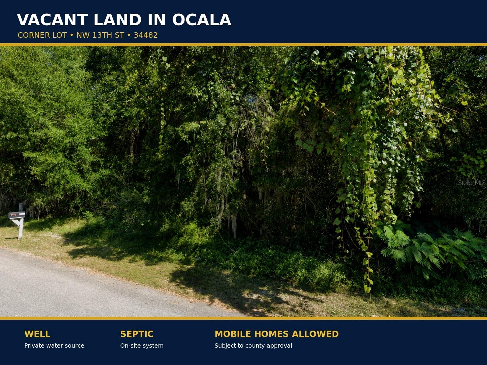 Build your vision on this desirable corner lot in the growing Ocala Estates community! Zoned for residential use with mobile homes allowed, this property offers outstanding flexibility for a primary residence, seasonal getaway, or investment opportunity. Enjoy paved road access, no HOA, and convenient access to major highways, making travel throughout Ocala and Central Florida easy. Located just minutes from the World Equestrian Center, shopping, dining, medical facilities, and outdoor recreation, this homesite combines peaceful surroundings with everyday convenience. Whether you're planning to build now or invest for the future, this corner parcel is an excellent opportunity in one of Ocala's fastest-growing areas. Buyer should verify zoning, utilities, and all intended land uses with Marion County.