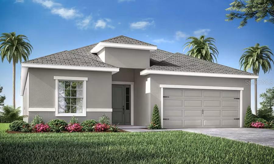Under Construction. New construction home with 2029 square feet one-story including 4 bedrooms, 2.5 baths, and an open living area. Enjoy an open kitchen with Quartz countertops, Samsung stainless steel appliances, pantry, and a spacious counter height island, fully open to the dining café and gathering room. The living area, laundry room, and baths include luxury wood vinyl plank flooring, with stain-resistant carpet in the bedrooms. Your owner's suite is complete with a walk-in wardrobe and a private en-suite bath with dual vanities, a tiled shower, and a closeted toilet. Jack-and-Jill Hall bath with an enclosed tub and toilet, accessed from bedrooms 3 and 4. Plus, enjoy a covered lanai, 2-car garage, custom-fit window blinds, architectural shingles, energy-efficient insulation and windows, and a full builder warranty. Please note, virtual tour/photos showcases the home layout; colors and design options in actual home for sale may differ. Furnishings and décor do not convey.