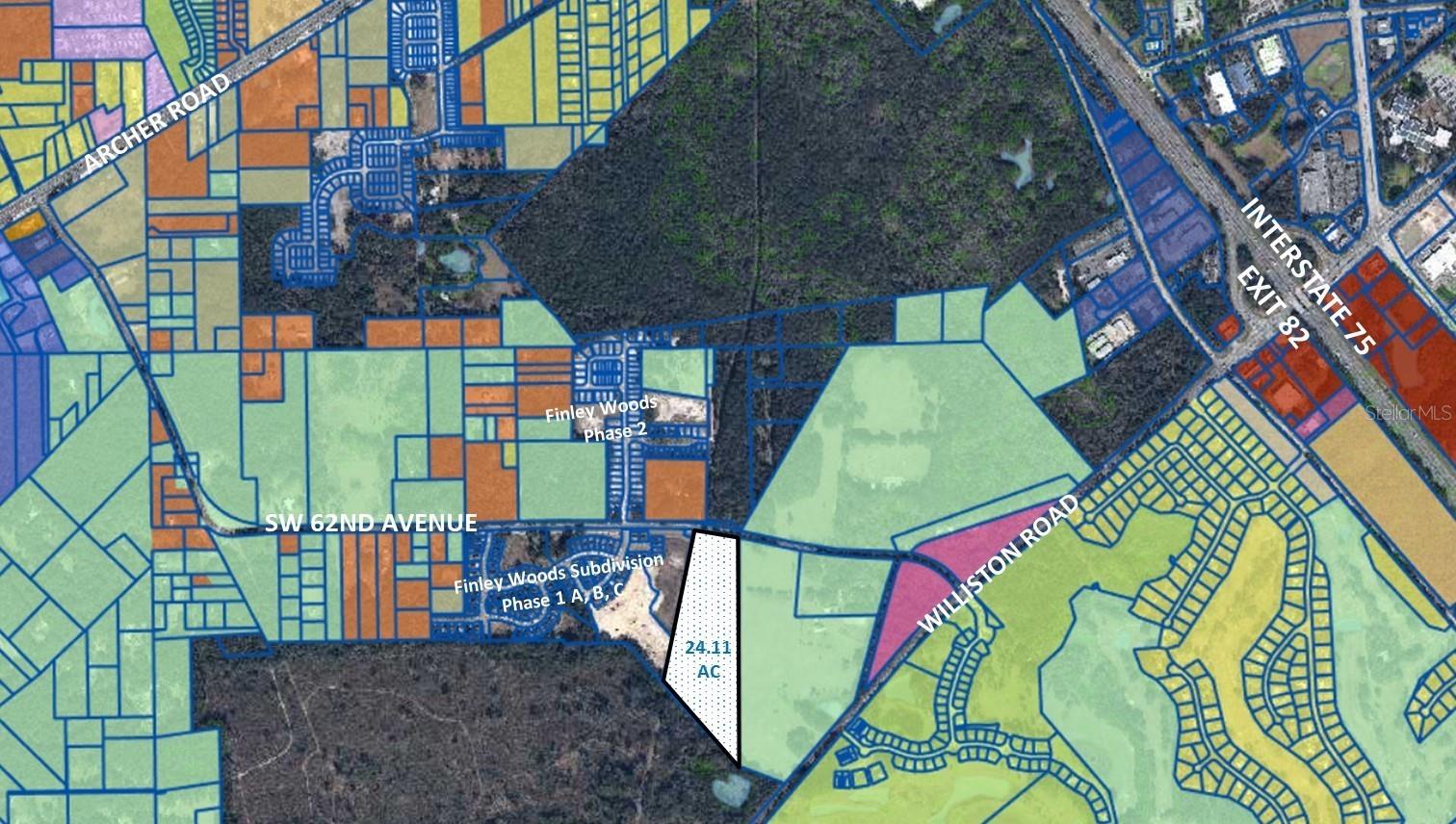Exceptional 24.11-acre development site in Alachua County, positioned within the fast-growing SW Gainesville corridor with direct frontage on SW 62nd Avenue. Designated Future Land Use: Low Density Residential (1–4 units/acre), the property offers outstanding potential for a new residential community or estate-style development.

Surrounded by significant residential growth — including DR Horton’s 281-acre community (800 homes), Finley Woods Phases I & III, and Oak Isle BTR — this property sits at the center of Gainesville’s most active expansion area. Excellent access to major routes: 1.2 mi to I-75 (Exit 382), 0.7 mi to Williston Road, and 1.5 mi to Archer Road.

An ideal opportunity for builders, developers, or investors seeking a premier infill site with immediate proximity to schools, shopping, and employment centers.