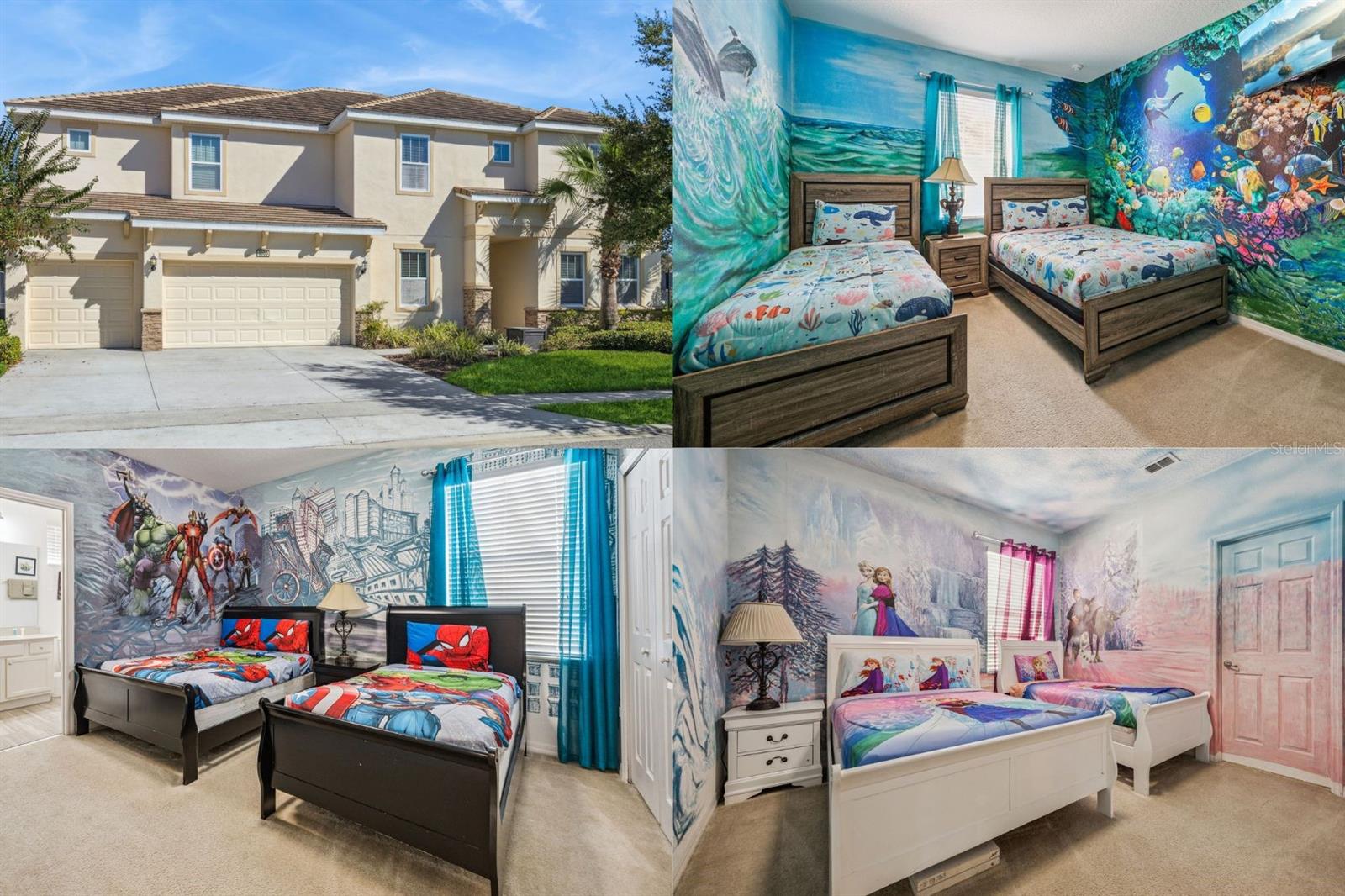 3D Home Tour & floor plan available by clicking on Virtual Tour 2 above. TURNKEY 13-Bedroom LUXURY POOL HOME in Solterra Resort – FULLY FURNISHED and THEMED!

Situated on a CORNER LOT, just minutes from Disney and Orlando’s world-famous theme parks, this home comfortably sleeps up to 18 GUESTS, making it ideal for large families or vacation groups. 

Step inside to discover an OPEN-CONCEPT LAYOUT WITH SOARING HIGH CEILINGS and a SPACIOUS CHEF’S KITCHEN featuring quartz countertops, two refrigerators, two dishwashers, and an oversized island—perfect for entertaining. The bright, comfortable living area flows seamlessly for large gatherings. Tile flooring throughout main areas of the lower level offers low maintenance style and everyday convenience.  

This stunning home offers 5 bedrooms on the main level, including two primary suites with full ensuites, and 8 additional bedrooms upstairs, with a third primary suite for added convenience. Each space is thoughtfully themed with HAND-PAINTED MURALS inspired by AVATAR, AVENGERS, FROZEN, MINIONS, MICKEY & MINNIE and STAR WARS, creating a unique and immersive guest experience.

Upstairs, a large loft area invites guests to relax and unwind, complete with a WET BAR W/REFRIGERATOR, POOL TABLE, and FOOSEBALL. Step outside to the PRIVATE, SCREENED LANAI, where you’ll find a HEATED POOL and SPA—perfect for enjoying Florida’s sunshine in comfort and privacy.

Guests can venture out to enjoy the many amenities that Solterra Resort has to offer: pool, spa, fitness center, tennis, lazy river, snack/drink bar and volleyball courts. A short drive will have guests at any of Orlando’s many attractions like Sea World, Disney World, Universal Studios, plenty of shopping and restaurants! Call today for a private showing.