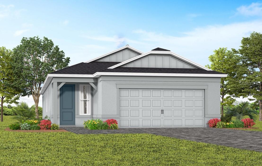 Pre-Construction. To be built. Welcome to the Hallmark Home! This thoughtfully designed one-story home offers 2 bedrooms, an enclosed flex room, 2 bathrooms, a 2-car garage, and a covered lanai—perfectly tailored for both comfortable living and effortless entertaining. The heart of the home is the stunning kitchen, beautifully appointed with soft-close quill cabinetry and quartz countertops. The stainless-steel single-bowl sink, upgraded faucet, pendant light pre-wire, and Whirlpool appliances—including a natural gas range and a refrigerator—ensure that this space is as functional as it is elegant. The open-concept design flows effortlessly into the café and gathering room, which are bathed in natural light from the many windows. A sliding glass door leads to the covered lanai, merging the indoors with the outdoors for a truly inviting living experience. At the back of the home, the owner’s suite offers a private retreat. The spa-inspired en suite bath features a dual vanity with quartz countertops, an enclosed toilet, a frameless glass-enclosed shower with a built-in bench, a linen closet, and a spacious walk-in closet. The secondary bedroom and bathroom, along with the enclosed flex room, are thoughtfully located down their own hallway, ensuring privacy for guests and loved ones. The versatile flex room can be used as a home office, hobby space, or anything else that suits your lifestyle. The laundry room offers built-in cabinetry, quartz countertops, a utility sink, and brand new Whirlpool washer and dryer for added convenience. Throughout the home, designer-curated finishes elevate every detail. From brushed nickel hardware and plumbing fixtures to Sherwin Williams City Loft interior paint, comfort-height toilets, and 2” faux wood blinds, every element enhances the home’s beauty. Wood-Look luxury vinyl flooring flows throughout the entire home, with the exception of the bathrooms and laundry room which are outfitted with tile. Don’t miss your opportunity to make this exceptional home yours.