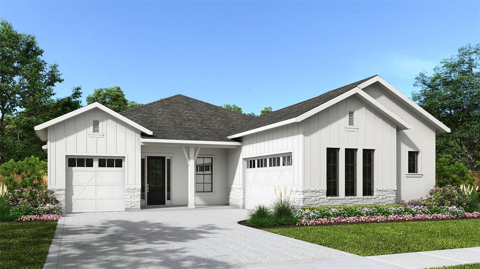 Under Construction. Front porch opens into an extended entryway with tray ceilings. French doors enclose the home office off the main hallway. Entering the kitchen you are greeted by an island with built-in seating, a 5-burner gas cooktop, a walk-in pantry, and access to the laundry room. The dining area connects to the family room which features sliding glass doors and access to the covered lanai. A bonus flex room is off the main living space. The primary bedroom is features a wall of windows. French doors lead into the primary bathroom which boasts dual vanities, freestanding tub, glass enclosed shower, and two walk-in closets. The secondary bedrooms each feature a walk-in closet and share a Hollywood bathroom. The mechanical room is located off the hallway that features the drop zone. Completing the space is a private guest suite off of the family room that features a full bathroom and walk-in closet. Three-car split garage.