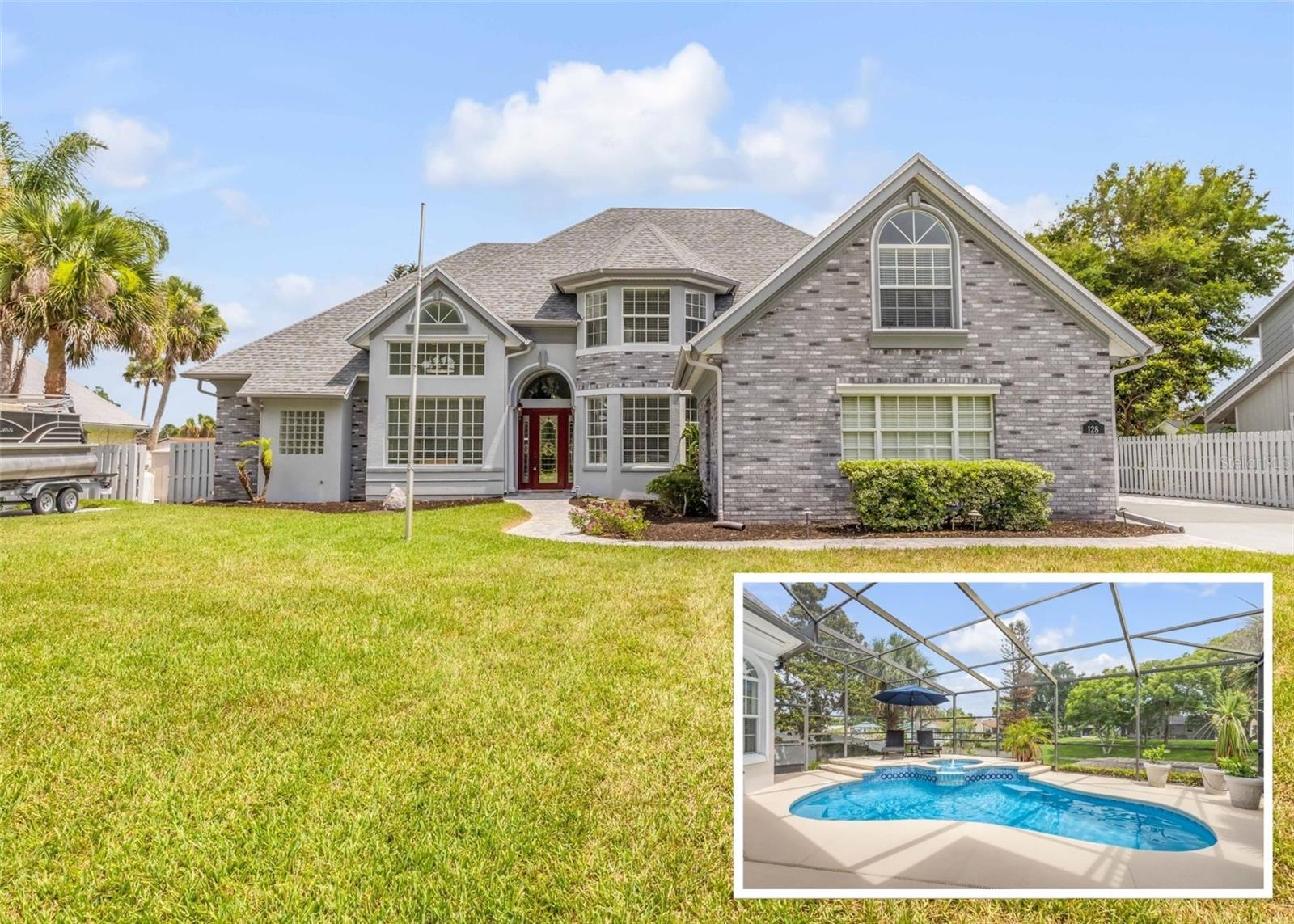 Luxury Waterfront Living on the Intracoastal! 4 Bedrooms | 3 Bathrooms | Over 3,800 Sq. Ft. | 100' of Waterfront!

Experience the perfect blend of luxury, comfort, and coastal living in this turn-key waterfront estate. From the moment you step through the grand entrance, you're greeted by soaring 15-foot coffered ceilings and impressive views of the heated pool, spa, and sparkling waters beyond. Designed to maximize natural light and water views, tall French doors and expansive windows line the southern side of the property. The living room features a fireplace and stunning arched built-ins, creating a warm yet elegant gathering space.

The gourmet kitchen features KitchenAid appliances, dark granite countertops, solid wood cabinetry, a large walk-in pantry, breakfast bar, and casual dining area overlooking the river. The dining space flows seamlessly into the great room, perfect for entertaining.

The main-level office is bright and airy, and complete with beautiful wood flooring and French doors for privacy and quiet.

The primary suite is a true retreat, offering plenty of room for king-sized furnishings, a sitting area with pool and river views, direct pool access, and a spacious walk-in closet. The luxurious en-suite bath features double vanities, a jetted soaking tub, and a walk-in shower.

Upstairs, you'll find three additional bedrooms, including a generously sized secondary suite with a private balcony showcasing spectacular sunset views. All secondary bedrooms offer ample closet space, while the charming Finding Nemo-inspired loft bedroom is sure to delight younger family members.

The oversized two-car garage includes a workshop and built-in safe room. An additional driveway provides plenty of space for a boat, RV, camper, or other recreational vehicles.

Outside, waterfront living takes center stage. The property boasts 100 feet of shoreline with a seawall, covered dock with electric and water, boat lift, and an expansive 50-foot fishing dock. Spend your evenings cruising to JB's Fish Camp by boat or cast a line from your backyard for snook, redfish, flounder, and more in the world-famous Mosquito Lagoon, known as the "Redfish Capital of the World."

Despite its peaceful, private setting, this home is conveniently located only 15 minutes from the beaches, restaurants, boutiques, and nightlife of Flagler Avenue.

High and dry with no history of flooding and not located in a flood zone.

Additional peace of mind comes from hurricane-impact windows, concrete block construction, and a built-in safe room.

Recent Improvements Include: Generac Whole House Generator (2025) Water Filtration System (2025) Upstairs A/C (2025) Interior Paint (2025) Pool Enclosure Rescreened (2024) A/C Heat Pump (2023) Pool Pump & Automation System (2023) Exterior Paint (2022)
Roof (2021) This is a rare opportunity to own a private waterfront sanctuary offering world-class fishing, boating, breathtaking sunsets, and the best of the Florida lifestyle.