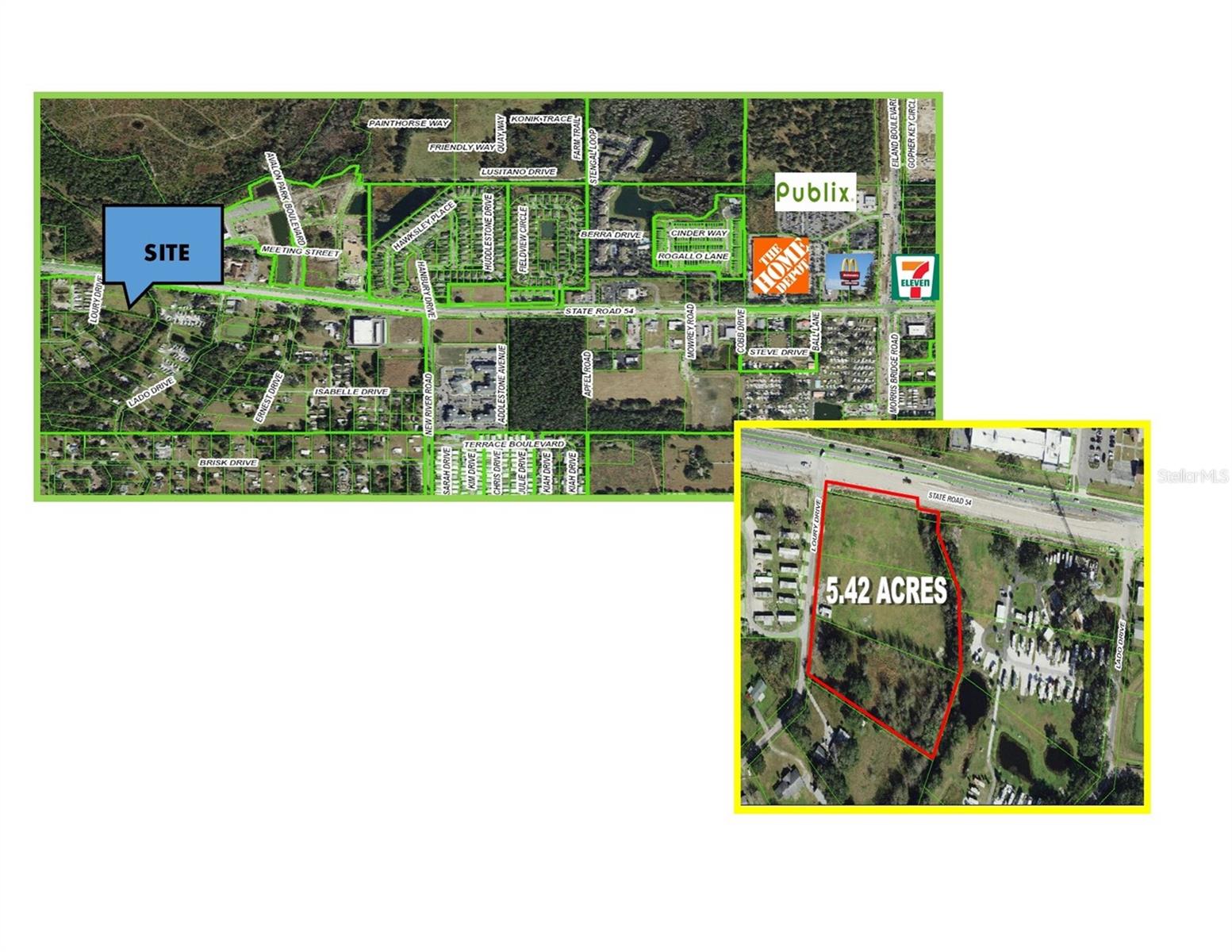 ATTENTION INVESTORS This property is located in the direct path of growth. Three parcels available, and they can be purchased together or separate. (see flyer attached for pricing) Two parcels are part of this listing. 1.33 acres with 350 feet of State road 54 frontage. The 2nd parcel is 2.03 acres for a total of 3.36 acres.  Pasco County is encouraging this property to be rezoned to C-2 General Commercial. 
 Property is located at a full access median cut. Approximately 1/2 mile from Publix, Home Depot. Across the street from Avalon Park west a 4,400 home subdivision.
This property needs to be rezoned to commercial for maximum vaalue and would make a great location for medical, financial or self storage (using the extra land that is available) perfect spot for local strip center or national tenant. Over 32,000 cars daily.