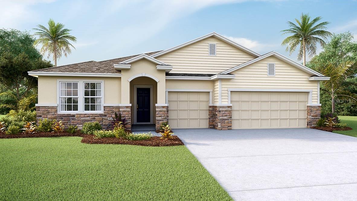 One or more photo(s) has been virtually staged. Under Construction. This one-story, all concrete block constructed home has a truly open concept plan, featuring a large great room, separate dining room, and well-appointed kitchen with dining area, all overlooking a covered lanai. This single story plan features two bedrooms at the front of the home which share a jack-and-jill full bathroom, as well as a multi-gen living space past the powder bath and laundry room. The Bedroom 1 which includes Bathroom 1 is located on the back of the home for privacy, offering beautiful views of the backyard. Pictures, photographs, colors, features, and sizes are for illustration purposes only and will vary from the homes as built. Home and community information including pricing, included features, terms, availability and amenities are subject to change and prior sale at any time without notice or obligation. CRC057592.