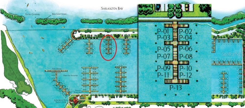Quick access to dock you boat! Located just inside the marina on the east side. This 48 x 20 foot slip at Longboat Key Club Moorings is located on the north side of P-dock. Club membership is not required. Direct access to Sarasota Bay and the ICW. The deep water marina is as much a luxury resort as any other neighborhood on the island, thanks to individual slip ownership, a Mediterranean style marina village that includes restaurants, shopping (close to Publix, CVS, and other specialty shops), recreational and social activities, and discreet, on-site maintenance and concierge services. Electric, water and wireless internet access. Longboat Key Moorings is truly a World Class facility. Membership in the Longboat Key Club is available with the option to join anytime. Each vessel must be approved by the Association's Board of Directors prior to entering the Marina. The longest vessel permitted in the slip is 43 LOA; beam depends on the vessel. Call for more information.