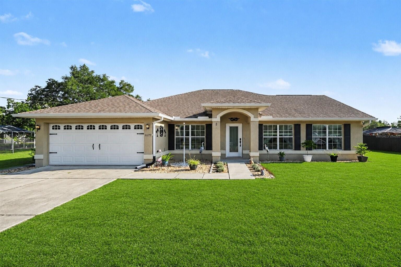 Virtually Staged. Welcome to this beautifully maintained 2-bedroom, 2-bath, 2 car garage, custom home with an office room, situated on a spacious 0.77-acre lot in the desirable Royal Highlands area. Built in 2017, this single-story residence offers over 2,100 sq ft of living space boasting a spacious, open and inviting split floor plan redesigned for comfortable everyday living and handicap accessibility. Original build plans had this as a 4 bedroom home. With room and roof changes made, this home features very generous living areas and high ceilings. The kitchen is large and functional with plenty of countertop and cabinet space, a walk-in pantry, and built-in over cabinet shelf for your favorite decoration. The large windows and some skylighting provide ample natural light throughout. The master bathroom features his and hers sinks and showers with a large roll in shower built with handicap accessibility. Closet space is ample, including a walk in closet in the master. The house is also wired for video surveillance and surround sound audio. Enjoy some time bird watching, or even see the rockets launch on the spacious screened porch overlooking the back yard, left partially uncleared, toward the back property line. The privacy and flexibility of a large lot is nice, with plenty of room for outdoor activities, gardening, RV/boat parking, or future enhancements. Conveniently located near shopping, dining, schools, hospital and medical facilities, and the Gulf Coast's outdoor recreation opportunities. Ten minute drive from highway 589, Suncoast Parkway. No HOA and plenty of space to make this property your own. A wonderful opportunity to enjoy peaceful Florida living with modern conveniences nearby.