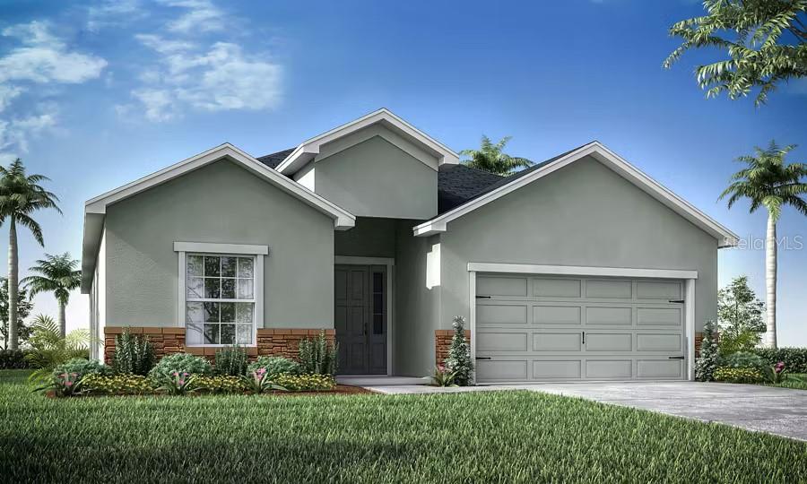 Under Construction. New construction home with 2029 square feet one-story including 4 bedrooms, 2.5 baths, and an open living area. Enjoy an open kitchen with Samsung stainless steel appliances, pantry, and a spacious counter height island, fully open to the dining café and gathering room. The living area, laundry room, and baths include luxury wood vinyl plank flooring, with stain-resistant carpet in the bedrooms. Your owner's suite is complete with a walk-in wardrobe and a private en-suite bath with dual vanities, a tiled shower, and a closeted toilet. Jack-and-Jill Hall bath with an enclosed tub and toilet, accessed from bedrooms 3 and 4. Plus, enjoy a covered lanai, 2-car garage, custom-fit window blinds, architectural shingles, energy-efficient insulation and windows, and a full builder warranty. Please note, virtual tour/photos showcases the home layout; colors and design options in actual home for sale may differ. Furnishings and décor do not convey."