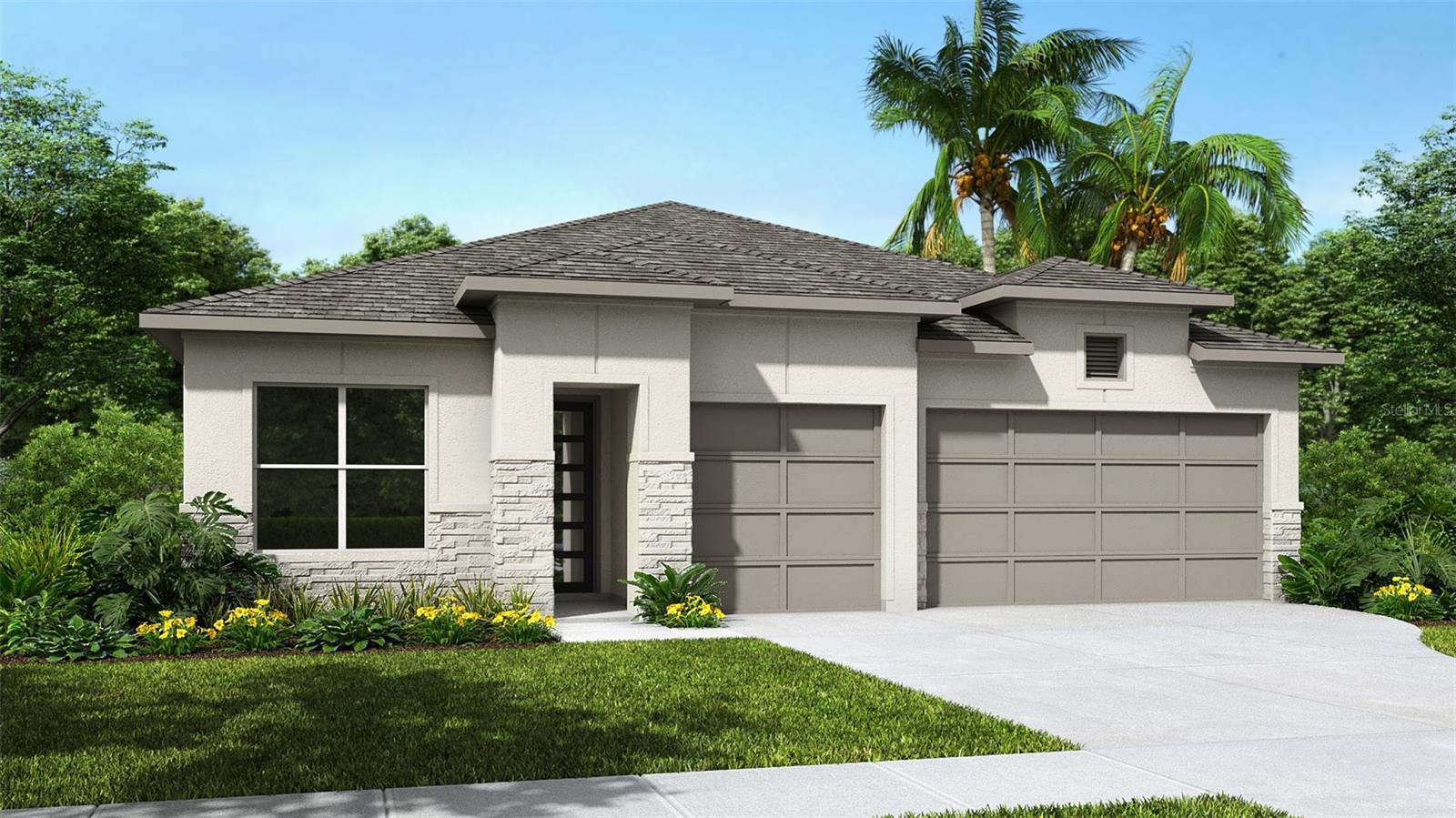 Under Construction. The front porch opens into the main entryway which greets you with a tray ceiling. French doors open into the home office which overlooks the front yard with a large window. A private guest suite is down the hall and features a linen closet, full bathroom and large walk-in closet. As you enter the kitchen you are greeted by an island with built-in seating, ample counter space, and a corner pantry. The dining area connects the space to the family room which boasts sliding glass doors overlooking the backyard covered lanai. The primary bedroom is off the main living space and offers ample natural light from its extended wall of windows. Double doors lead into the bathroom which features dual vanities, a freestanding tub, linen closet, glass enclosed shower, and two walk-in closets. Two additional secondary bedrooms with ample storage complete the space. The laundry room is located off the main hallway. The drop zone which features additional storage space leads to the three-car garage.