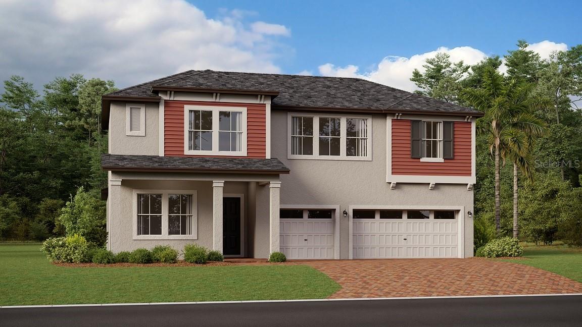 Under Construction. The second largest design in this collection, this two-story home features a generous open floorplan shared between the living and dining spaces on the first level. Through sliding glass doors is a covered patio for indoor-outdoor activities. The owner’s suite with a full-sized bathroom is privately situated toward the back, while a secondary bedroom can be found off the foyer. A spacious loft with a wet bar and three additional bedrooms occupy the top floor. Interior photos are different from the actual model disclosed being built. Connerton is a masterplan community with new single-family homes, townhomes and villas for sale in idyllic Land O' Lakes, FL. Residents have access to exciting amenities, including two pools - a resort-style pool with a splash park and a competitive lap pool, multiple sport courts, miles of trails for walking, jogging, and biking, as well as an onsite elementary school. The local area boasts extensive shopping, dining and entertainment venues