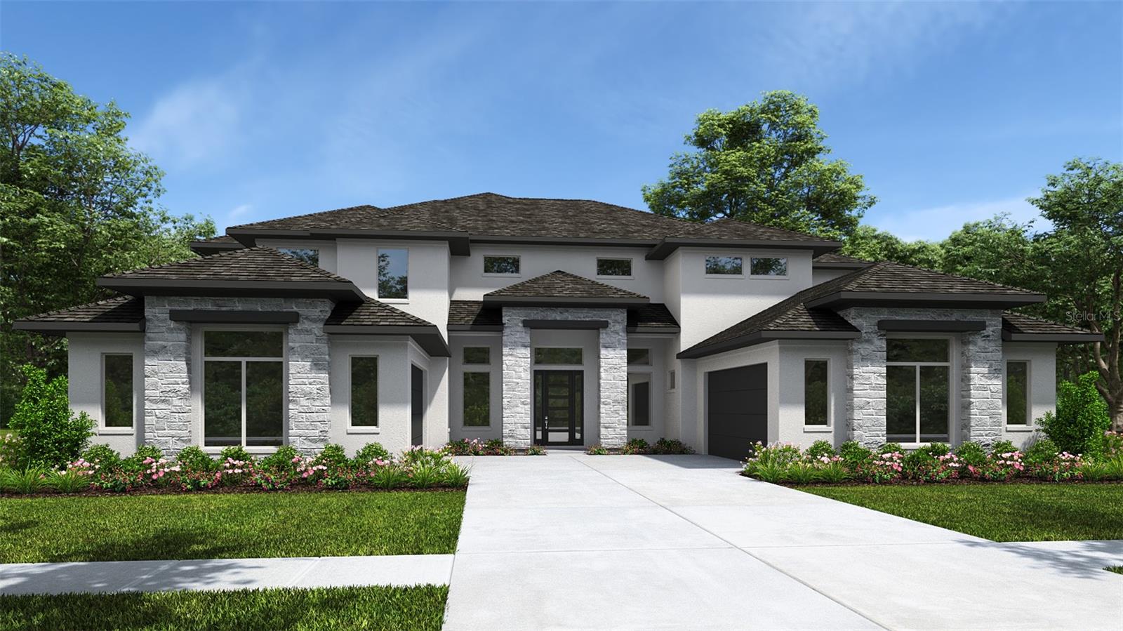 Under Construction. This home plan opens to a two-story entryway with 21-foot ceilings that flows into a spacious family room with a sliding glass door. The floor plan features a dining area that connects to the kitchen, which includes a prep kitchen and walk-in pantry for added functionality. A private primary bedroom is located on the first floor and offers a primary bath with dual vanities, two glass-enclosed showers, a freestanding tub and generous walk-in closets. Also, downstairs there is a home office with French doors, a guest suite featuring a private bathroom, and one-half bath. Upstairs, a game room overlooks the two-story family room below, and three secondary bedrooms each include their own full bathroom, along with an additional half bath and ample storage space. The covered lanai showcases a two-story ceiling and provides seamless indoor-outdoor living. This home plan includes a four-car split garage.