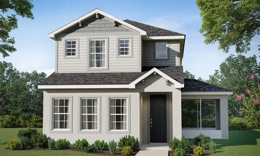 Under Construction. 2-story new construction Bungalow with 1946 square feet, 3 bedrooms with loft, 2.5 baths, a 2-car garage, and a covered lanai. Downstairs, enjoy an open layout and a gourmet kitchen with Silestone countertops, shaker-style wood cabinets, Samsung stainless steel appliances, and a pantry. The entire lower level and upstairs baths are finished with luxury vinyl plank flooring, with stain-resistant carpet in the bedrooms. Upstairs, you'll find 3 spacious bedrooms including your owner's suite complete with a walk-in wardrobe, linen closet, and a private en-suite bath with dual vanities and a tiled shower. Additional features for your convenience include a half bath downstairs, upstairs hall bath for the secondary bedrooms, custom-fit window blinds throughout, energy-efficient insulation and windows, and a full builder warranty.