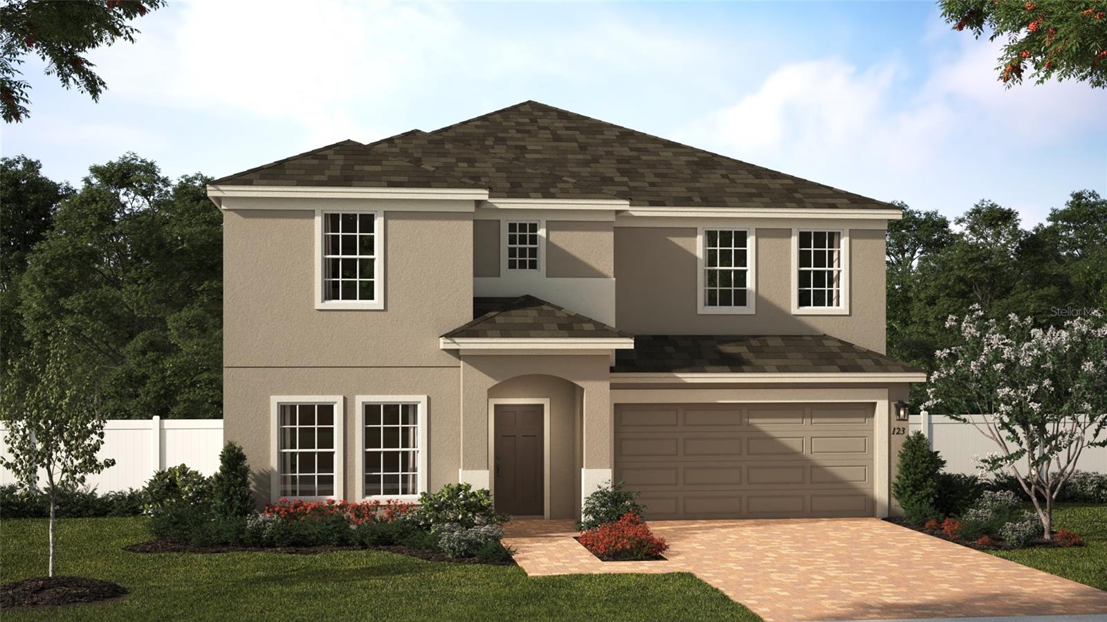 Under Construction. Discover exceptional comfort and convenience in our best priced Wilshire plan with Summer delivery in Trinity Lakes! Boasting impressive 9'4" first-floor ceilings, this thoughtfully designed home offers 5 bedrooms, 3 full baths, and an oversized 2-car garage. The open-concept layout features a spacious Great Room overlooking a rear covered Lanai—perfect for entertaining and enjoying outdoor living—while a first-floor guest bedroom with adjacent full bath adds flexibility. The beautifully appointed kitchen showcases 42" upper cabinets, sleek quartz countertops, corner pantry closet, and stainless steel appliances, complemented by elegant tile flooring throughout the 1st floor main living areas. Upstairs, the expansive primary suite impresses with a huge walk-in closet and spa-inspired bath featuring double sinks in adult-height vanity, quartz countertops, and a walk-in shower with wall tile surround. Exterior highlights include attractive landscaping, along with a brick paver driveway and lead walk, making this home as stylish as it is functional. Trinity Lakes offers incredible amenities including oversized resort style pool, splash pad, multiple playgrounds, dog park, walking trails, fishing pier, and fitness center. Close to Schools, shopping and restaurants, and conveniently located near major thoroughfares.