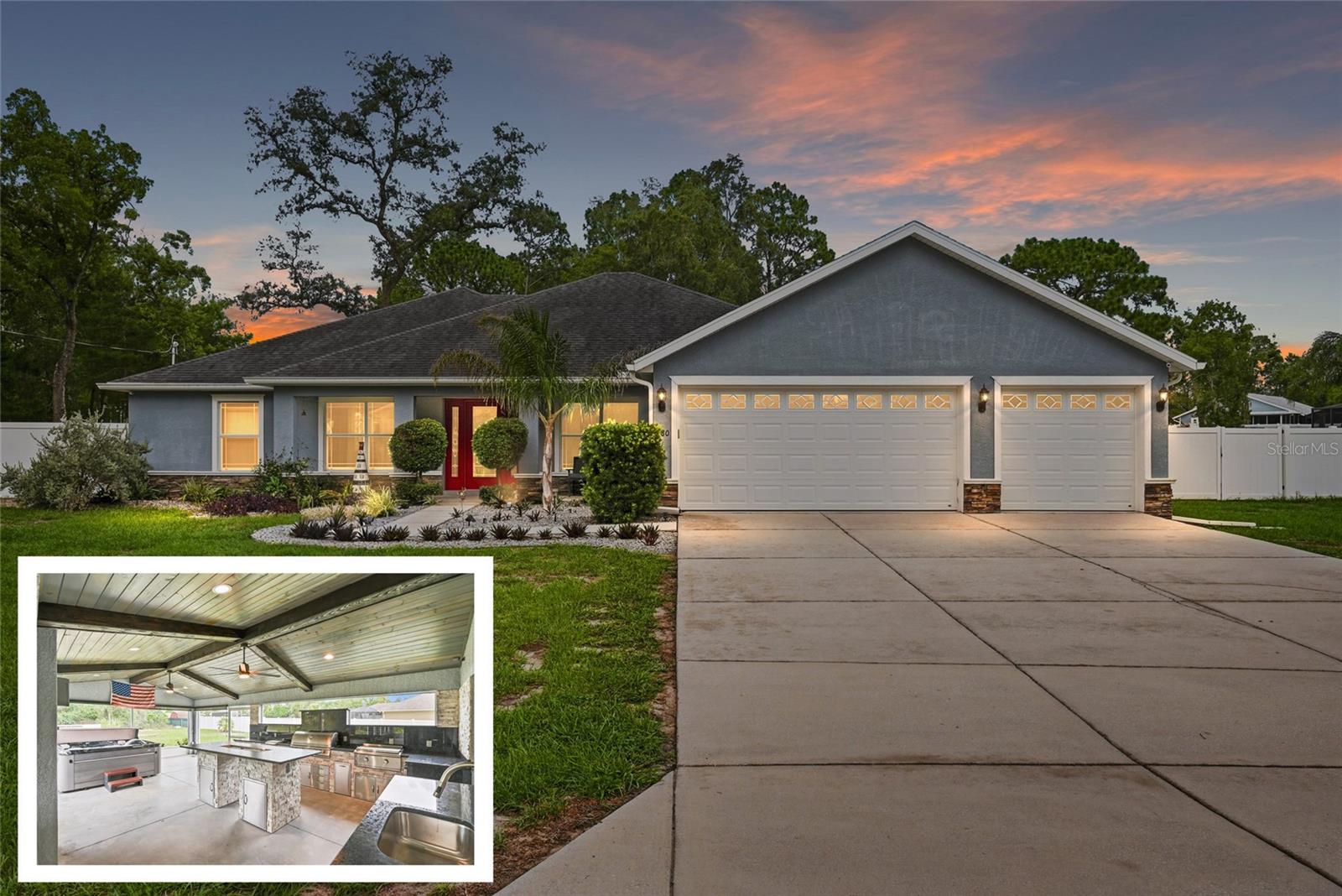 Experience the perfect blend of luxury, comfort, and exceptional outdoor living in this custom Hartland Home, ideally situated on a beautifully maintained, fully fenced ½-acre homesite in one of Spring Hill's most sought-after locations.

Offering 4 bedrooms, 2 baths, and an oversized 3-car garage with an EV charging outlet, this meticulously maintained home is truly move-in ready. Attractive curb appeal, a welcoming front porch, and an extended covered patio create the perfect introduction to this exceptional property.

Inside, you'll find an open-concept design featuring ceramic plank tile throughout the main living areas and primary suite, with carpet in two guest bedrooms. The chef-inspired kitchen showcases upgraded Samsung stainless steel appliances, an oversized island with breakfast bar, abundant cabinetry, a rare double pantry, and generous prep space. The spacious owner's suite features a tray ceiling with accent lighting, dual walk-in closets, linen closet, private water closet, and a large walk-in shower with built-in bench.

Additional upgrades include an inside laundry room with upgraded washer and dryer, security camera and surround sound pre-wiring, and a finished garage complete with a custom slat wall organization system.

The true centerpiece is the spectacular 18' x 30' custom outdoor entertainment pavilion. Featuring tongue-and-groove ceilings, custom beams, recessed and ambient lighting, roll-down shades, and a fully equipped outdoor kitchen with a flat-top grill, separate barbecue grill, side burner, stainless sink, outdoor refrigerator, individual propane hookups, and a stunning island with a built-in fire feature, this space was designed for unforgettable entertaining.

Relax year-round in the luxurious Caldera Spa with cascading waterfall or host family and friends in an outdoor living space that rivals a private resort.

Conveniently located near shopping, restaurants, hospitals, parks, and the Suncoast Parkway, you'll enjoy quick access to Tampa, St. Petersburg, Orlando, world-famous Gulf beaches, and endless entertainment.

This home offers more than beautiful finishes—it delivers a lifestyle. Outdoor living spaces of this caliber are rarely found at this price point, making this home truly stand apart from the competition.