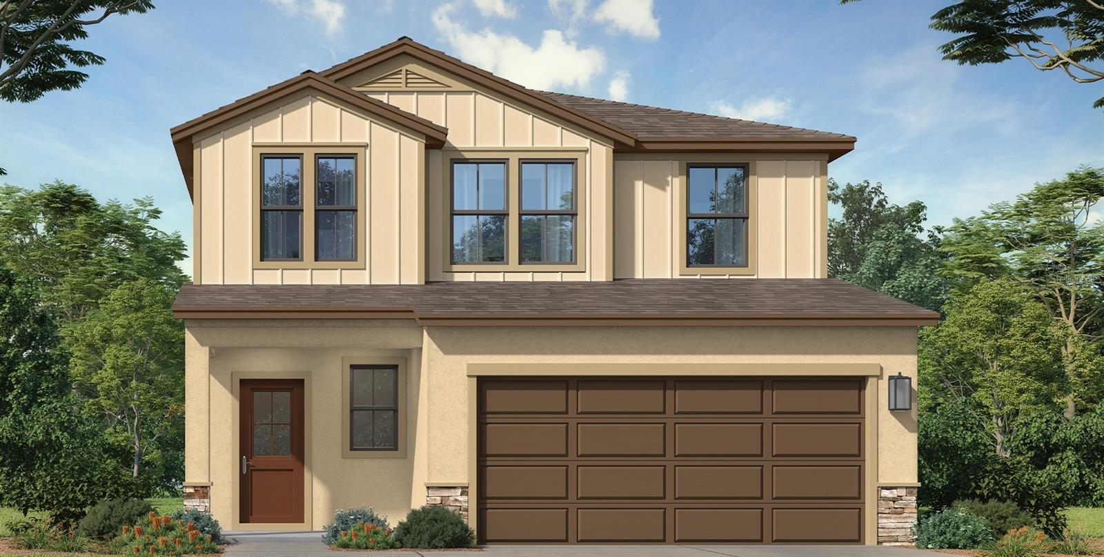 Under Construction. Beautiful 2-Story Home with 4 Bedrooms and No Rear Neighbors! Introducing the Jupiter model, a thoughtfully designed two-story home that blends modern style with everyday functionality. Featuring 4 bedrooms, 2.5 bathrooms, a spacious loft, and a 2-car garage, this home offers plenty of room for comfortable living and entertaining. The charming farmhouse elevation creates inviting curb appeal, while the dramatic two-story foyer makes a stunning first impression. The open-concept layout connects the living, dining, and kitchen areas for a bright and welcoming feel. The kitchen is beautifully appointed with a cabinetry, granite countertops, and a large island perfect for gathering. An open railing on the first-floor stairway adds to the home’s airy, upscale design. The private primary suite features a spacious bedroom, walk-in closet, and en-suite bath with dual sinks and a separate shower. Upstairs, the large loft provides flexible living space ideal for a home office, media room, or play area, while the secondary bedrooms are generously sized. Enjoy the covered lanai and added privacy of no rear neighbors, creating the perfect outdoor retreat. Additional highlights include smart home technology and tile flooring in the main living and wet areas. This beautifully designed home offers the perfect combination of comfort, style, and privacy.