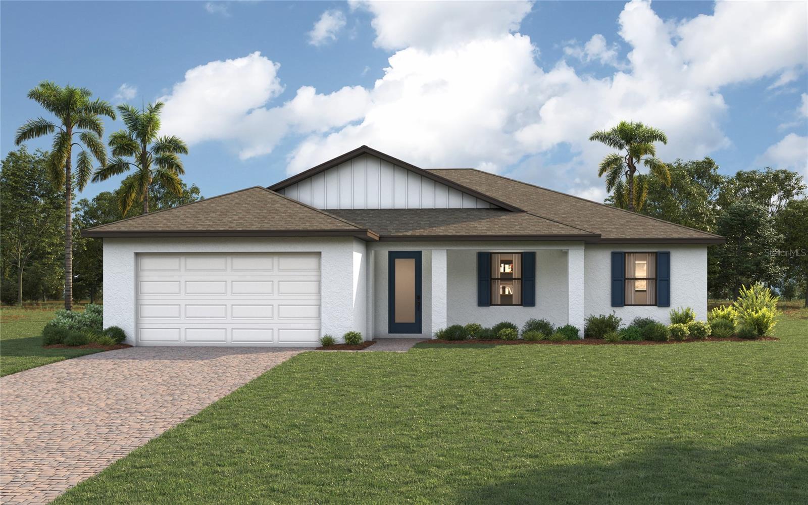 One or more photo(s) has been virtually staged. Under Construction. NEW CONSTRUCTION WITH WARRANTY!  Estimated delivery August 2026. The Grand Cayman offers the perfect blend of style, functionality, and comfort, with 1,974 square feet of thoughtfully designed living space. At the heart of the home lies an open-concept layout ideal for entertaining, featuring a gourmet kitchen with a spacious island, a dedicated dining area, and an expansive Great Room with elegant tray ceiling. Triple sliding glass doors open to the large covered lanai, seamlessly blending indoor and outdoor living.  The luxurious primary suite is tucked away for privacy and showcases a tray ceiling, two large walk-in closets, and a spa-inspired en-suite bathroom complete with a dual-sink vanity, a beautifully tiled walk-in shower, and a private water closet.  On the opposite side of the home, a private hallway leads to two generously sized guest bedrooms and a well-appointed full bath, offering both comfort and convenience for family or visitors.  A versatile den located just off the foyer provides the perfect space for a home office, study, or creative retreat.  Additional highlights include:  8-foot interior doors throughout; Quartz countertops in kitchen and bathrooms; designer cabinetry with soft-close doors, stainless steel kitchen appliance package, upgraded plank tile in all main living areas, hurricane-impact windows and doors, 2-car garage with direct access to laundry room, and paver driveway and covered front entry.  Pictures & renderings are of similar home & are used for display purposes only.