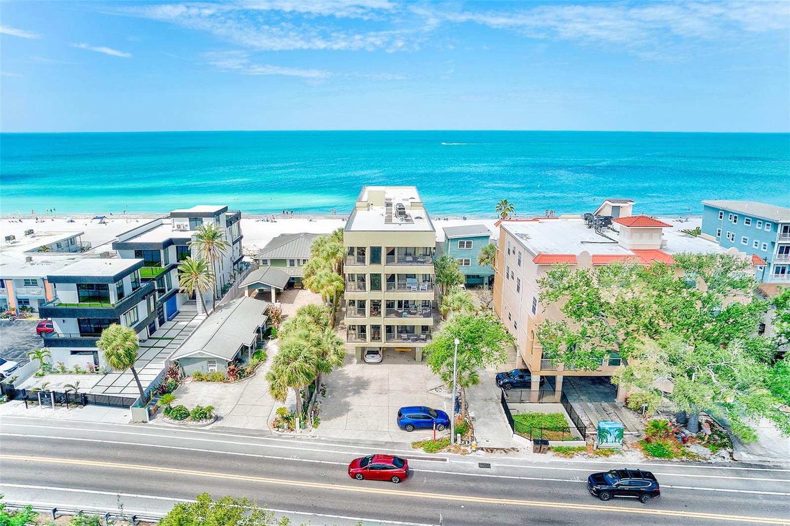 Experience true beachfront living in the highly sought-after Narrows of Indian Rocks Beach, a rare stretch of coastline known for its limited public access and more private, tranquil setting. This boutique eight-unit condominium sits directly on the sand, offering an exclusive feel and the unique ability to enjoy both peaceful Intracoastal sunrises and stunning Gulf sunsets just steps from your door.
This spacious 2-bedroom, 2-bath residence offers approximately 1,380 square feet of light-filled living space, thoughtfully designed for both comfort and functionality. The interior has been tastefully updated with a refined coastal aesthetic, featuring a renovated kitchen with quartz countertops, shaker-style cabinetry, and newer Samsung appliances including an induction range. Additional improvements include luxury vinyl flooring throughout, a newer Carrier A/C, Rheem water heater, and a full-size LG washer and dryer.
The well-maintained, pet-friendly building offers an elevator and strong financial standing, with completed milestone inspection, SIRS reserve study, and a newer roof—providing added confidence in long-term ownership. The monthly HOA fee is comprehensive, covering insurance, reserves, maintenance, water, sewer, trash, cable, and internet.
Additional highlights include assigned parking, guest parking, rare private ground-level storage for beach gear, and access to additional IRB homeowner parking nearby. Ideally located near local dining and just a short drive to Clearwater Beach, St. Petersburg, and both major airports, this property offers an exceptional opportunity for a primary residence, coastal retreat, or income-producing investment.