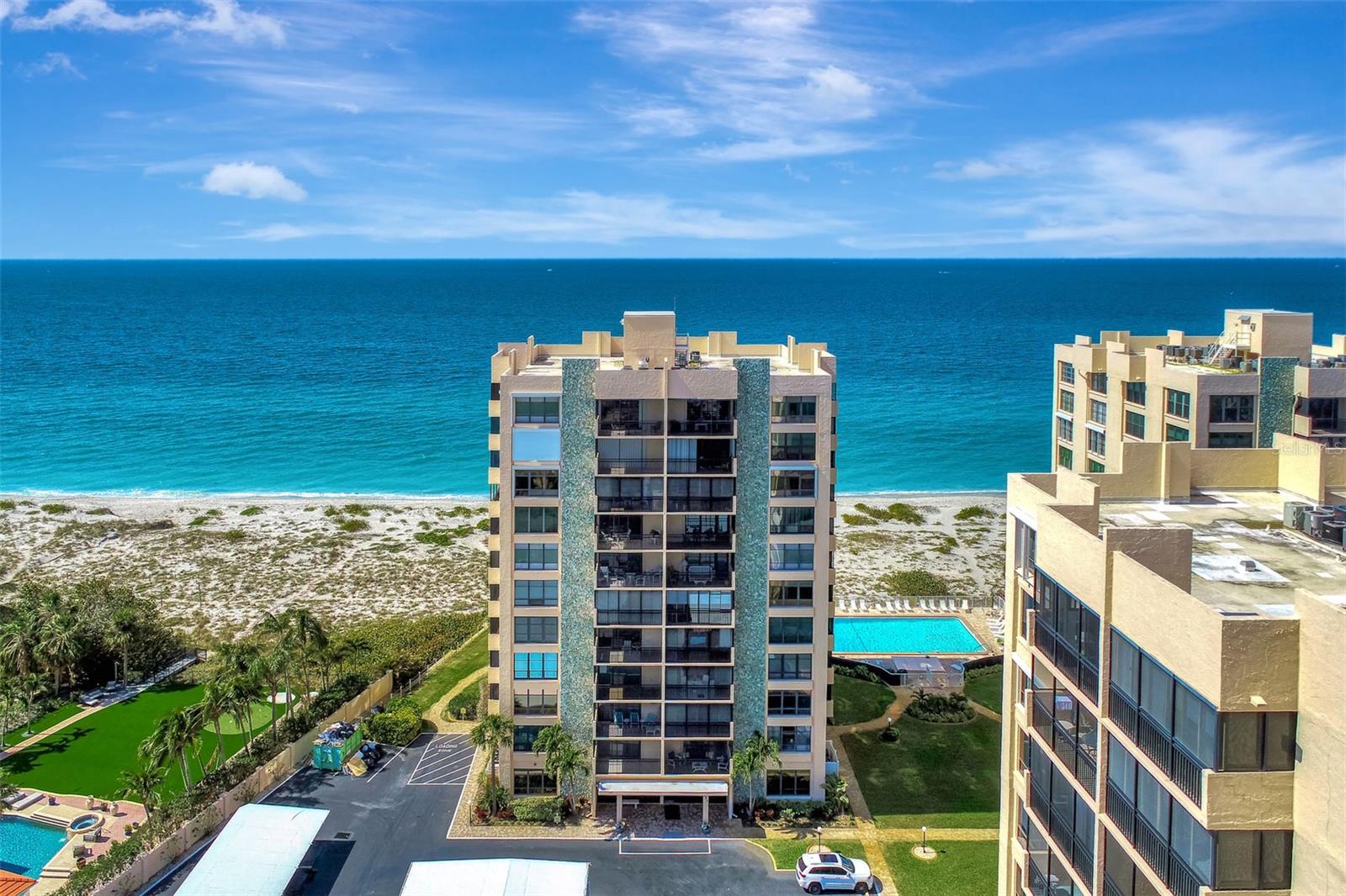Life at it's BEST! Is there anything better than living on the Beach enjoying the GULF EVERYDAY? Welcome to Valencia on the Gulf an award-winning beachfront property on the Island of Venice! This Gulf front condo is on 10th floor, with Hurricane Impact Window and Doors, Is MOVE-IN-READY, Furniture Stays, Including Washer and Dryer in Unit! Condo has two balconies and every room overlooks the GULF and BEACH! This 2-bedroom, 2-bathroom is TRULY COASTAL LIVING! Condo has been remodeled with level 5 Cabinetry, Granite Countertops, Luxury vinyl flooring flows through the entire living area of condo, ceramic tile in Wet Areas, and Primary Bathroom has been remodeled with Porcelain shower tile, large enough for shower bench! Valencia on the Gulf is a well-maintained community featuring private beach with private heated swimming pool, fitness center has been remodeled, library-card room, shuffleboard, outdoor grilling areas, bike storage and ground floor storage closet is ideal for your beach gear. Buildings have been painted in 2024, new roofs, 2023. new covered carports 2025. Valencia is a secure community with cameras and key fob access to elevators and amenities. BEST OF ALL, this location is walking distance to Historic Downtown Venice, Boutique Shopping, Dining, Arts Center, Venice Theater and Venice Library! Call today for your private showing!