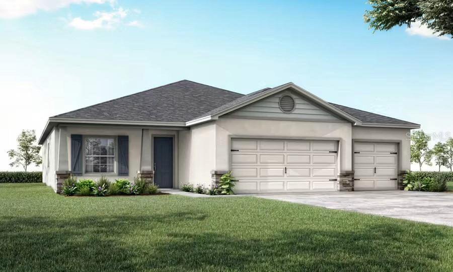 Under Construction. New construction home with 2356 square feet on one-story including 4 bedrooms, 2.5 baths, and an open living area. Enjoy an open kitchen with Cambria countertops, Samsung stainless steel appliances, a walk-in pantry, and a spacious counter height island, fully open to the dining café and gathering room. The living area, laundry room, and baths include luxury wood vinyl plank flooring, with stain-resistant carpet in the bedrooms. Your owner's suite is complete with a walk-in wardrobe and a private en-suite bath with dual vanities, a tiled shower, and a closeted toilet. Plus, enjoy a covered lanai, 3-car garage, custom-fit window blinds, architectural shingles, energy-efficient insulation and windows, and a full builder warranty. "Please note, virtual tour/photos showcases the home layout; colors and design options in actual home for sale may differ. Furnishings and décor do not convey.