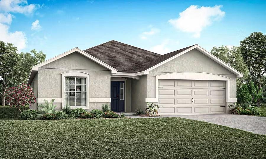 Under Construction. New construction home with 2005 square feet on one-story including 3 bedrooms, 2 baths, a flex room, and an open living area. Enjoy an open kitchen with Quartz countertops, Samsung stainless steel appliances, a walk-in pantry, and a spacious island, fully open to the dining café and gathering room. The living area, laundry room, and baths include luxury wood vinyl plank flooring, with stain-resistant carpet in the bedrooms. Your owner's suite is complete with a walk-in wardrobe and a private en-suite bath with dual vanities, a tiled shower, and a closeted toilet. Plus, enjoy a covered lanai, 2-car garage, custom-fit window blinds, architectural shingles, energy-efficient insulation and windows, and a full builder warranty. ***Please note - Virtual Tour/Photos showcases the home layout; colors and design options in actual home for sale may differ. Furnishings and décor do not convey!