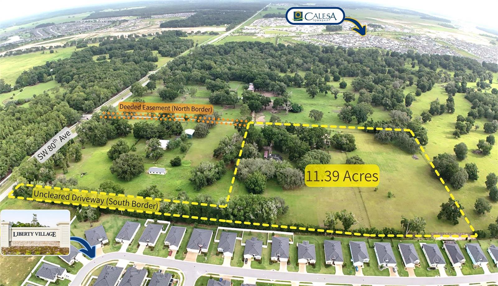 **Seller Financing Available** This 11-acre private estate offers a rare blend of seclusion, functionality, and future value — all set between the upscale communities of Liberty Village and Calesa Township. The property is just minutes away from shopping, dining, medical centers, and a multitude of Equestrian facilities nearby. 

The property has multiple access points off SW 80th Avenue, including a 20-ft wide undeveloped driveway on its south border and a 20-ft wide deeded easement on its north (across from Sholom Park). The entire farm is fenced and thoughtfully sectioned, with gated access points for added security, flexibility and control.
 
The estate features two well-appointed residences across separate parcels. The main home is a 3-bed/2-bath residence accompanied by a spacious standalone barn—ideal for high-end equipment storage, recreational use, or agricultural purposes. A secondary 1-bed/1-bath guest home sits on the middle parcel, complete with an attached 3 bay garage that's currently outfitted with professional-grade hydraulic lifts—a dream setup for collectors or enthusiasts. This space can easily be reimagined to suit equestrian, workshop, or luxury hobby needs.

Surrounded by rapid development and with the upcoming expansion of SW 80th Avenue, this property offers strong potential for future growth and mixed-use development. Whether you're looking to create a horse-friendly estate, a family compound, or simply looking for a smart investment—this land is full of opportunity. Schedule your private tour today and discover the estate's amazing potential for yourself.