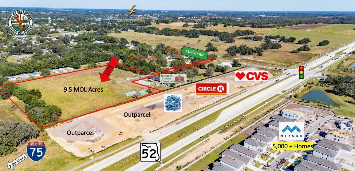 Positioned in the heart of one of Pasco County’s fastest-growing corridors, this 9.5± acre development tract offers an exceptional opportunity just minutes from I-75 at the intersection of State Road 52 and Curley Road in San Antonio, Florida. Located along the newly improved SR 52 corridor near Exit 285, the property benefits from outstanding regional connectivity to Wesley Chapel, Dade City, San Antonio, and the greater Tampa Bay market. Surrounded by explosive residential growth, expanding employment centers, and planned commercial development, the site is well-positioned for a variety of future uses.
The property features approximately 9.5 acres with access from Boys Village Road off Curley Road and is zoned AC (Agricultural) with a RES-6 Future Land Use designation, allowing for potential residential development of up to six units per acre, subject to county approvals. Public water and sewer are available nearby, enhancing the property's development potential. With excellent visibility, convenient access, and strong exposure to commuter and regional traffic traveling between I-75 and Pasco County’s rapidly expanding master-planned communities, this site presents a rare investment and development opportunity in one of the area's most dynamic growth corridors.