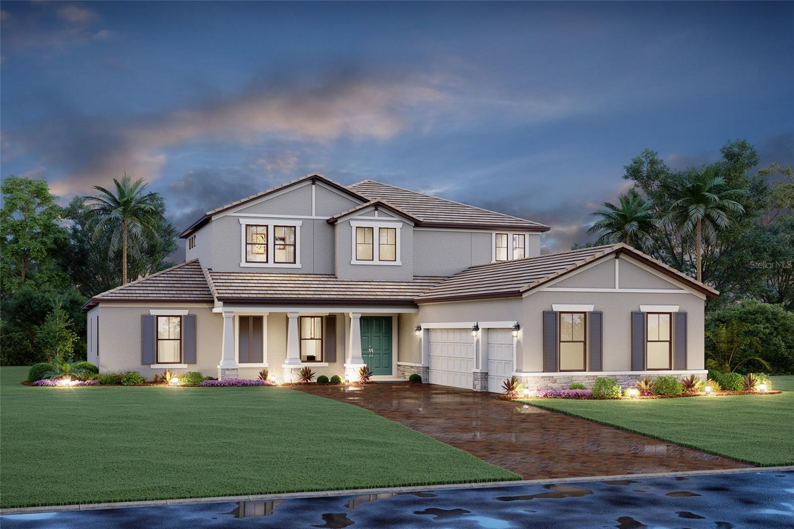 Under Construction. PHOTOS ARE BUILDER RENDERINGS - FOR INFORMATIONAL PURPOSESE ONLY- NOT OF ACTUAL HOME. The Tranquility is an exceptional residence designed for those seeking expansive living and elegant architectural detail. This impressive home offers 5 bedrooms, 5 bathrooms, a private den, an upstairs bonus room, and a 3-car garage, providing both luxury and functionality.
Upon entering, a soaring foyer creates an immediate sense of grandeur, offering a direct view into the great room, lanai and pool. To one side, a formal dining room is thoughtfully paired with a dedicated wine room, perfect for entertaining. Opposite the dining area, double doors lead to a private den—ideal for a quiet home office or study.
Moving through the foyer, you pass the staircase and enter the spacious great room. This open-concept living area flows seamlessly into a gourmet kitchen, featuring a generous center island for additional seating and meal preparation. Beautiful countertops and abundant cabinetry span two full walls, providing both style and ample storage. Adjacent to the kitchen, a charming café area is framed by three large windows, inviting natural light and serene views.
The extended lanai enhances the home’s indoor–outdoor lifestyle, complete with a full outdoor kitchen—perfect for year-round entertaining.
The owner’s suite occupies its own wing of the home, offering privacy and luxury. A spacious bedroom leads into a well-appointed owner’s bath with a garden tub, dual vanities, a large walk-in shower, and a private water closet. Two expansive walk-in closets complete this serene retreat.
Upstairs, the home truly shines with its expansive second story. Overlooking the foyer below with open railings, the large bonus room provides an ideal space for recreation, media, or gatherings. Four additional bedrooms—each with its own walk-in closet—are also located on this level. Three well-designed bathrooms, including two en-suite, ensure comfort and convenience.

****SPECIAL FINANCING AVAILABLE FOR A LIMITED TIME ONLY FROM PREFERRED LENDER. RESTRICTIONS APPLY, FOR QUALIFIED BUYERS, SUBJECT TO APPLICABLE TERMS AND CONDITIONS. SUBJECT TO CHANGE WITHOUT NOTICE****
