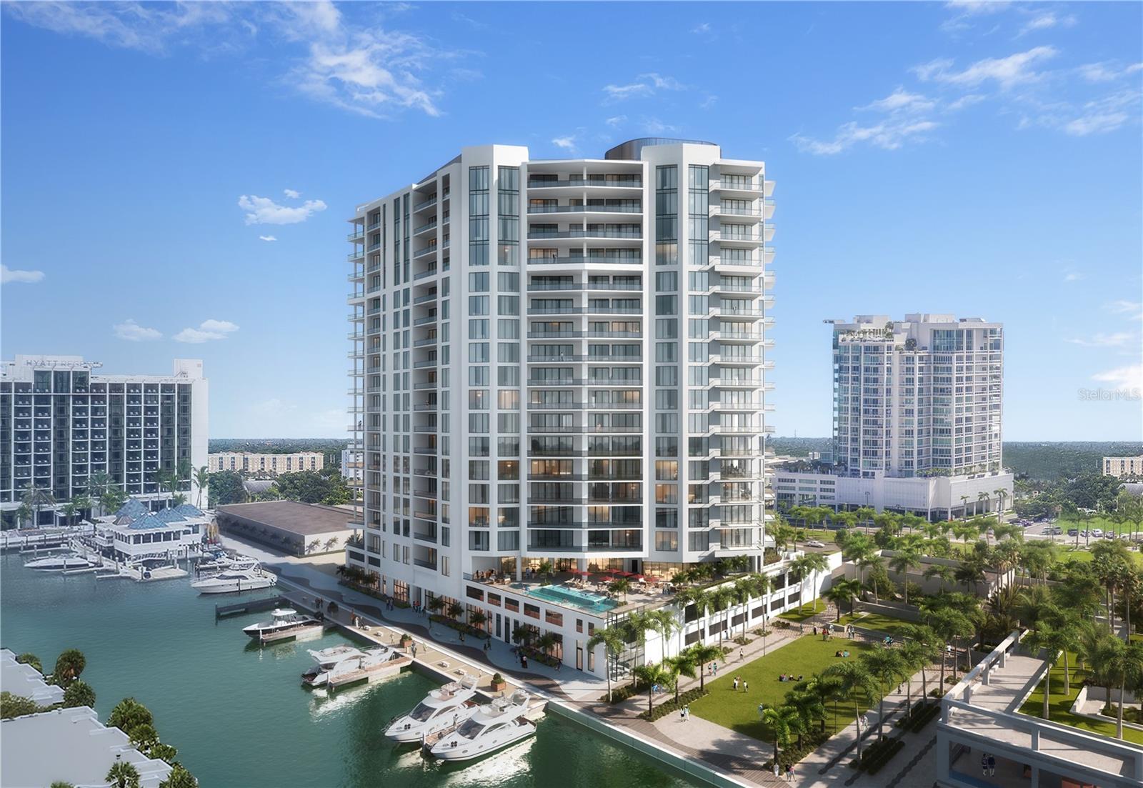 Under contract-accepting backup offers. Pre-Construction. To be built. Pre-construction to be built. Residence #301 is thoughtfully designed to optimize the stunning vistas from the amenity level of this iconic 20-story residential tower overlooking the Quay harbor in the heart of Sarasota’s accessible downtown cultural district. Its luxurious great room design features soaring walls of glass that create expansive views. The primary bedroom offers a breathtaking bay view through dramatic, oversized windows, complemented by two generous walk-in closets. The spa-style bath boasts a deep soaking bathtub, a double shower and a double vanity. Additionally, two guest bedrooms each come with private en-suite baths. Walk directly out your door to enjoy the expansive amenity package with a private elevator and 13-foot ceiling as this is one of a kind.