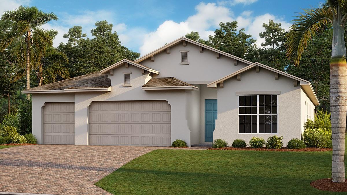 Under Construction. Upon entering this home, you will notice the wide hallway and beautiful archways leading to the great room which looks out onto a large, open backyard, perfect for adding your dream pool. There are two bedrooms and a full bath upon entering the home and each room has luxurious carpet. A large den with double glass French doors is also off the hallway, providing a separate space for an office or additional sitting room. The primary suite features a large double window which lets in a ton of natural light. Adjoining is the primary bathroom with soaking tub, oversized shower and his and her sink. Don’t miss the hidden feature of this home with a laundry room connected to the primary bedroom closet – making doing laundry a breeze. The main living area is perfect for entertaining guests. The kitchen has beautiful exotic granite,  cabinets and stainless-steel appliances. Open the triple sliders to let the fresh air in or enjoy dinner on the oversized lanai.