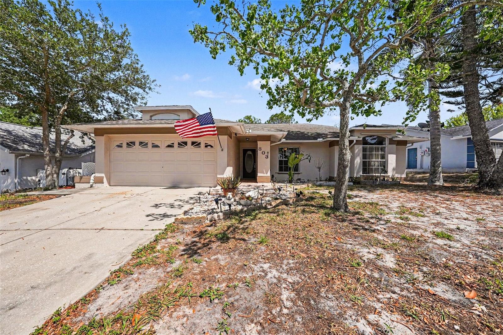 Click the Virtual Tour link to view the 3D walkthrough. Welcome home to this beautiful 3-bedroom, 2-bath residence located in the highly desirable Brittany Park subdivision. Ideally situated in the heart of the Tampa Bay area, this home offers convenient access to shopping, dining, entertainment, and local Marina's. Inside, you’ll find high Vaulted ceilings that create a bright and spacious feel throughout the main living area. The kitchen features an inviting eat-in dining space, and raised bar seating from the living area, perfect for casual meals and gatherings. The primary suite includes a newly remodeled private bathroom featuring a walk in shower with floor to ceiling stone. Step outside to enjoy the enclosed sunroom overlooking a large fully fenced backyard with mature fruit trees including Mango's, kumquats, and even a flowering Cactus, Next to the house you will also find a storage shed and Covered Kayak Storage, offering plenty of space for relaxing, entertaining, extra storage, and outdoor activities. Discounted rate options and no lender fee future refinancing may be available for qualified buyers of this home.