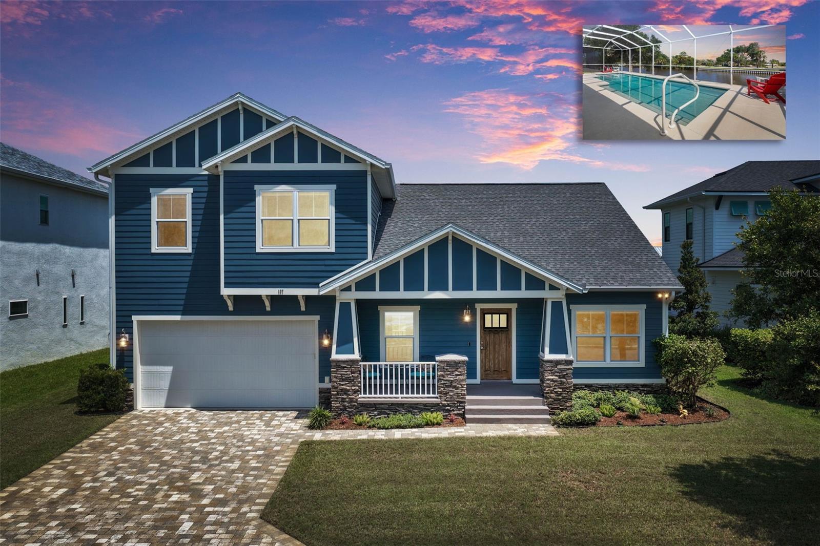 Experience coastal elegance in this custom-built 2020 waterfront home located in the highly desirable Seaside Landings community of Flagler Beach. Perfectly positioned on a saltwater canal with close access to the Intracoastal Waterway, this stunning two-story residence offers 4 bedrooms, 3 full bathrooms, 1 half pool bath, and a spacious 2-car garage with additional storage for your golf cart.
From the moment you enter, you'll appreciate the soaring vaulted ceilings, beautiful tile flooring throughout the first floor, and elegant wainscoting that adds timeless character. Just off the foyer is a versatile office, den, or study with an adjacent full bathroom, making it ideal for working from home or accommodating guests.
The open-concept great room is centered around a stylish electric fireplace and flows seamlessly into the dining area, where expansive views of the sparkling saltwater pool and tranquil canal create the perfect backdrop for everyday living. The gourmet kitchen is designed for both entertaining and functionality, featuring stone countertops, a tiled backsplash, abundant cabinetry, stainless steel appliances including a stove, microwave, dishwasher, and refrigerator, plus a large walk-in pantry. An inside laundry room with washer and dryer included provides additional convenience.
The first-floor primary suite is a private retreat featuring tray ceilings with accent lighting and direct access to the pool and lanai. The luxurious ensuite bathroom offers dual vanities, a spacious walk-in shower, and a large walk-in closet.
Step outside through the sliding glass doors to your covered, screened lanai overlooking the impressive saltwater sports pool. The outdoor living space is complete with an outdoor shower and convenient pool half bath, making it perfect for entertaining family and friends year-round.
Upstairs, you'll find two generously sized guest bedrooms along with a second primary suite (4th bedroom), offering exceptional flexibility for multi-generational living or extended guests. This private ensuite features a walk-in closet, double vanity, and tub/shower combination.
The backyard offers approximately 20 feet of green space beyond the pool, providing room for outdoor games, gatherings, or simply relaxing by the water. A future 30x40 dock may be added, allowing you to customize your waterfront lifestyle. Enjoy frequent visits from dolphins and manatees as they play in the canal, and take advantage of the home's convenient access to the Intracoastal Waterway for boating, kayaking, and paddleboarding.
This exceptional waterfront home offers luxury finishes, flexible living spaces, and the Florida coastal lifestyle you've been dreaming of—all just minutes from Flagler Beach's beautiful shoreline, local restaurants, and charming boutiques. Schedule your private showing today and discover everything this remarkable Seaside Landings home has to offer.