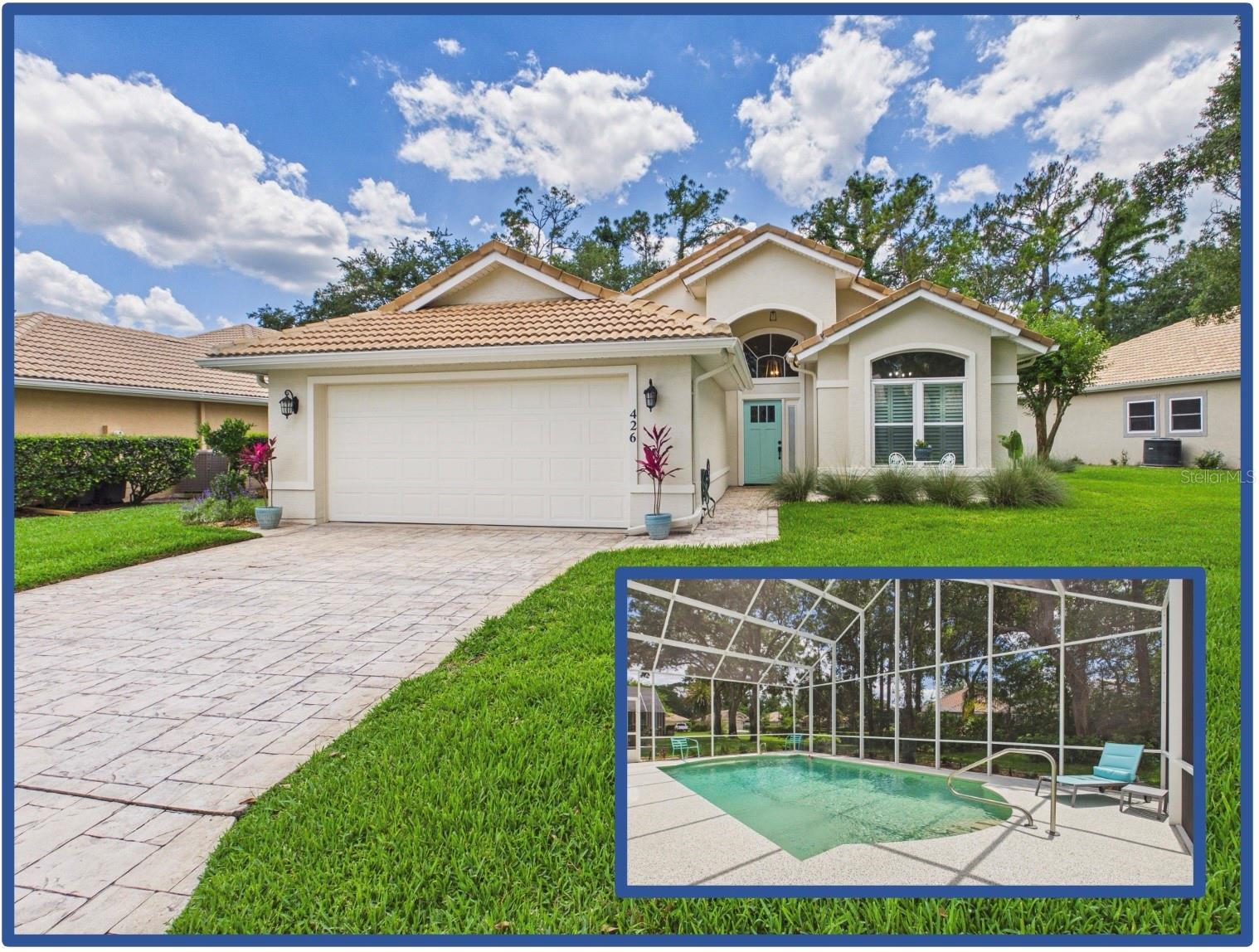 Completely remodeled with a beautiful beachy design and high-end finishes throughout, this well-appointed home offers relaxing Florida living in the gated community of Plantation Bay. Recent upgrades include all new interior and exterior paint, front door and patio French doors, lighting, plumbing fixtures, flooring, trim, and stunning kitchen and bathroom renovations. The chef's kitchen features a large serving bar, custom solid wood dovetail soft-close shaker cabinetry in a sophisticated sand/taupe finish, designer quartz countertops, decorative backsplash, and premium white Forno appliances. Enjoy peace of mind with impact windows (2017), whole house repipe, plantation shutters throughout, whole house water filtration system, new pool tile waterline, all new pool enclosure screening, and new pool heater. Lawn maintenance and irrigation are included. Plantation Bay offers 45 holes of golf, clubhouses, dining, spa, resort pool, tennis, pickleball, and bocce.