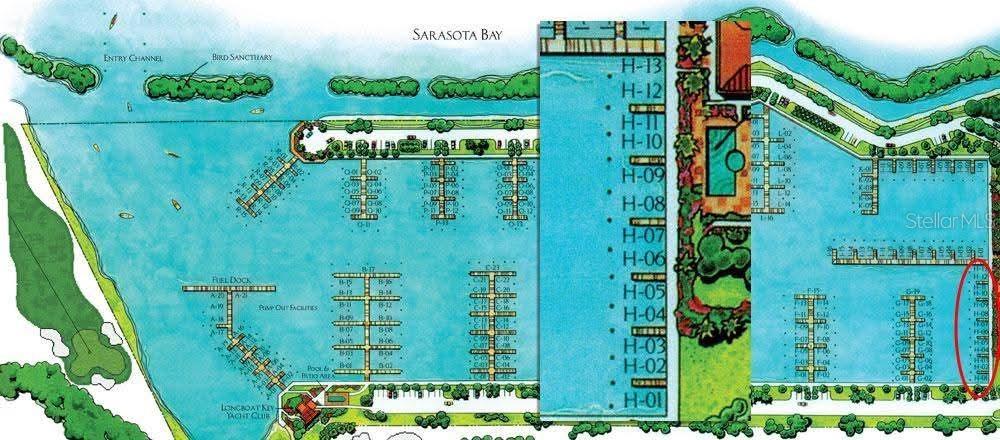 Many boaters feel H-dock is the best dock in the marina; convenient to the showers, and the marina village and office. Slip is at the seawall with easy in/out access. A 55 ft. x 20 ft. Boat Slip at Longboat Key Moorings Marina. This is a Yacht Club slip; purchase of the slip requires purchase of membership in the Longboat Key Club. Enjoy all the amenities of the private Longboat Key Club as a Yacht Club Member. Direct access to Sarasota Bay and the ICW. The deep water marina is as much a luxury resort as any other neighborhood on the island, thanks to individual slip ownership, a Mediterranean-style village that includes restaurants, shopping (close to Publix, CVS, and other specialty shops), recreational and social activities, and discreet, on-site maintenance and concierge services. Electric, water and wireless internet access at each slip. Free shuttle to St. Armand's Circle. The Marina has everything a boater could need. Yacht Club members have access to private Yacht Club facility which includes private clubhouse with TV, conference table, comfortable furnishings just for relaxing. Exterior amenities include private pool, grills, outside tables, chase lounges, and convenient bathhouse. Other amenities include dining at the Key Club's unique restaurants, Islandside and Harbourside golf courses, tennis courts and beach facilities, Fitness Centre, Mind and Motion Studio, and Spa.  Longboat Key Moorings is truly a World Class facility. All vessels must be approved prior to closing by the Association. A current photo must be submitted. Max length of vessel allowed is 50 LOA, usable beam is 18 ft at the head of the slip.
