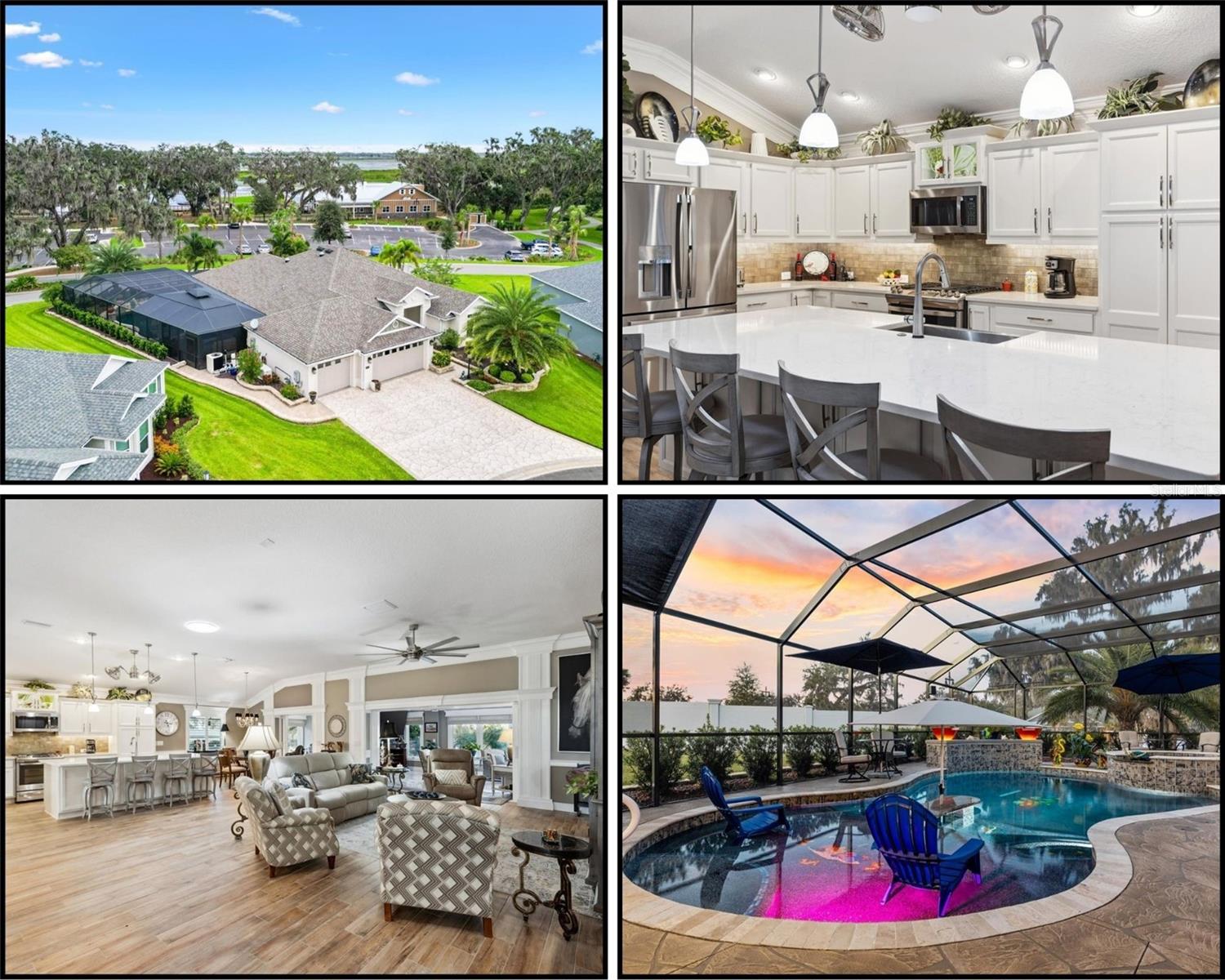 <<NEW PRICE>> **THE NEW RESTAURANT HARRY AND THE NATIVES IS NOW OPEN**Imagine waking up every day in your own private paradise—this 3-bedroom, 2.5-bath CUSTOM LAUREL OAK is designed for luxury, relaxation, and entertainment! A CUSTOM BUILDER owns this home and thought of everything including SO MUCH EXTRA STORAGE SPACE! The home is 2837 sf ft under heat/air and has an additional oversized 894 sq ft 3 CAR GARAGE, a resort-style HEATED AND COOLED POOL, and an incredible outdoor oasis with TWO BIRDCAGES, a beach-style seating area, TANNING LEDGE, and stunning views of LAKE OKAHUMPKA and the pond. Sitting on an oversized cul-de-sac lot in the VILLAGE OF ST JOHNS, this home has DECORATIVE CONCRETE driveway and WALKWAY, STACKED STONE landscaping, tropical plants, leaded glass entry door and an INVISIBLE FENCE for your FUR BABIES! Inside, you’ll find TILE flooring throughout and a spacious, thoughtfully designed layout. You'll be in AWE of the EXTRA SPECIAL FEATURED WOODWORK, white cabinetry, QUARTZ countertops, an oversized island, tile backsplash, STAINLESS APPLIANCES, under-cabinet lighting, pantry with pull-out shelves, CROWN MOLDING, PLANTATION SHUTTERS, custom lighting and UPGRADED CEILING FANS throughout the home. The primary suite has dual vanities, QUARTZ COUNTERTOPS, an extended walk-in closet and a roman shower. The two guest bedrooms share a beautiful walk-in tiled shower with a glass door. One of the most incredible features of this home is the enclosed 495 sq. ft. GREAT ROOM with designer flooring, THREE CEILING FANS, a pool BATH, CUSTOM ELECTRIC BLINDS and storm doors. One door leads to the expansive pool area with a 65x63 BIRDCAGE: Relax in the BEACH SITTING AREA in the pool with a TABLE for an UMBRELLA or take a soak in the spa. The pool seating area has an upgraded sun protection over the birdcage, bar area and a water fountain. The other door in the great room opens to a CANVAS-COVERED BIRDCAGE where you can unwind and enjoy the view of Lake Okahumpka and Harry And The Natives. The dream garage is fully equipped with SHARK COATED FLOORING, SHIPLAP walls with EXTRA barn door STORAGE, ANOTHER STORAGE CLOSET, a large workbench, a sink, a fridge and REMOTE-CONTROLLED GARAGE SCREENS. Additional features include outdoor speakers, GENERAC GENERATOR, solar tubes, custom closet organizers, 3 glass storm doors, gutters and downspouts. Ideally located near Brownwood Paddock Square, Sawgrass, and the NEW EASTPORT. You’re near Okahumpka Recreation Center, where you can enjoy kayaking, fishing, nature trails and more. Don't forget to watch the video and schedule YOUR PRIVATE TOUR TODAY!
