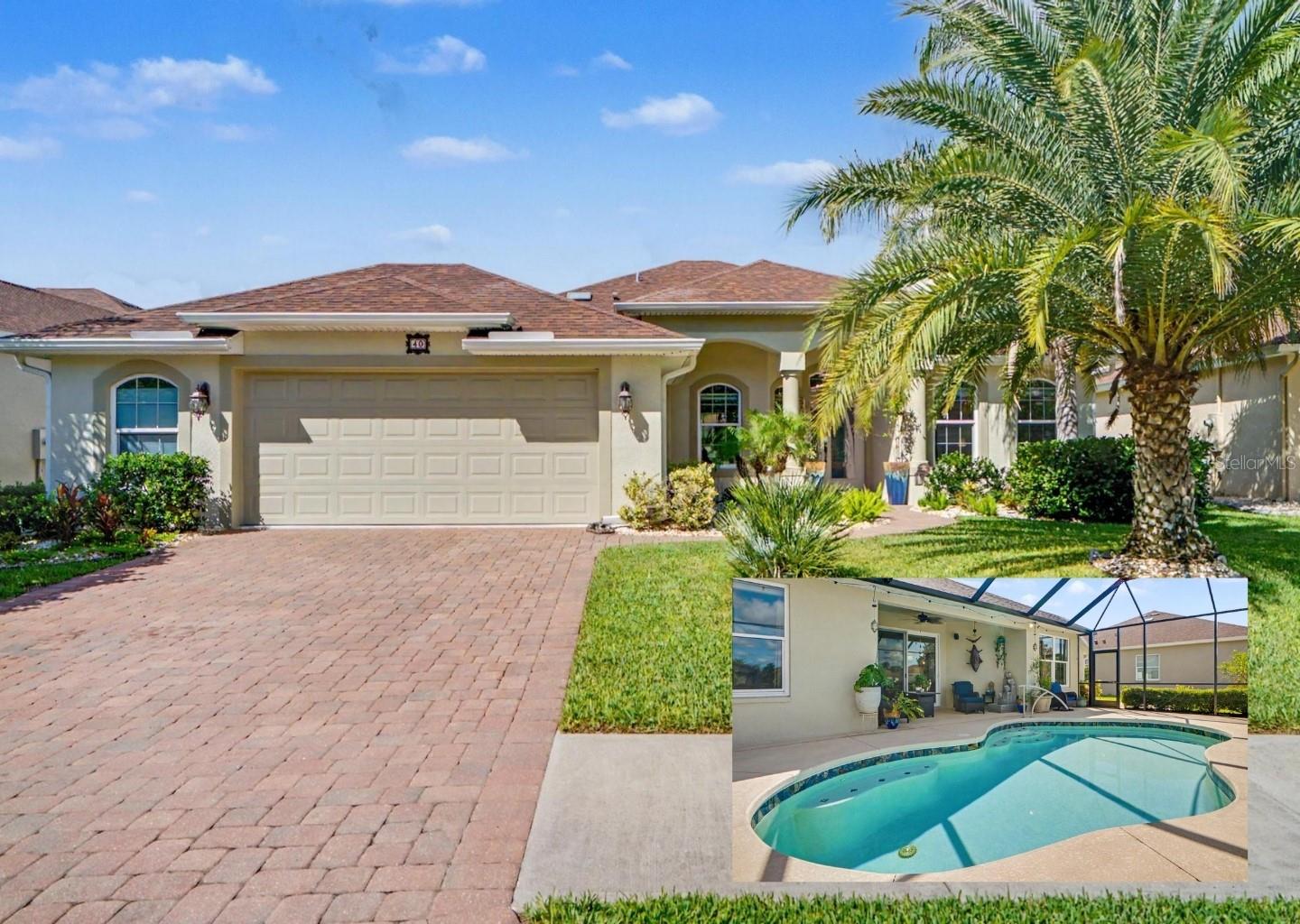 Tucked away in the quiet Hidden Lakes community, this 2021 Paytas Homes residence, offers a thoughtfully designed open floor plan, enhanced by tray ceilings, abundant natural light, and scenic views of the pool and pond from the main living areas. The kitchen features KitchenAid stainless steel appliances, induction cooktop, double ovens, GE Profile microwave, custom cabinetry, large center island with seating, and a coffee bar with additional storage overlooking the backyard. The spacious primary suite overlooks the pond and includes a walk-in closet and an ensuite bath with dual vanities. Two additional bedrooms provide generous closet space for family or guests. The screened lanai features a heated saltwater pool with built-in seating, therapy jets, a ceiling fan, TV connection, outdoor speakers, and exterior outlets. Mature landscaping provides privacy along the sides of the property while preserving the open pond views. Hidden Lakes residents enjoy access to a community pool, playground, tennis/pickle-ball court and scenic walking trails. Minutes to Flagler Beach, local shopping and dining.