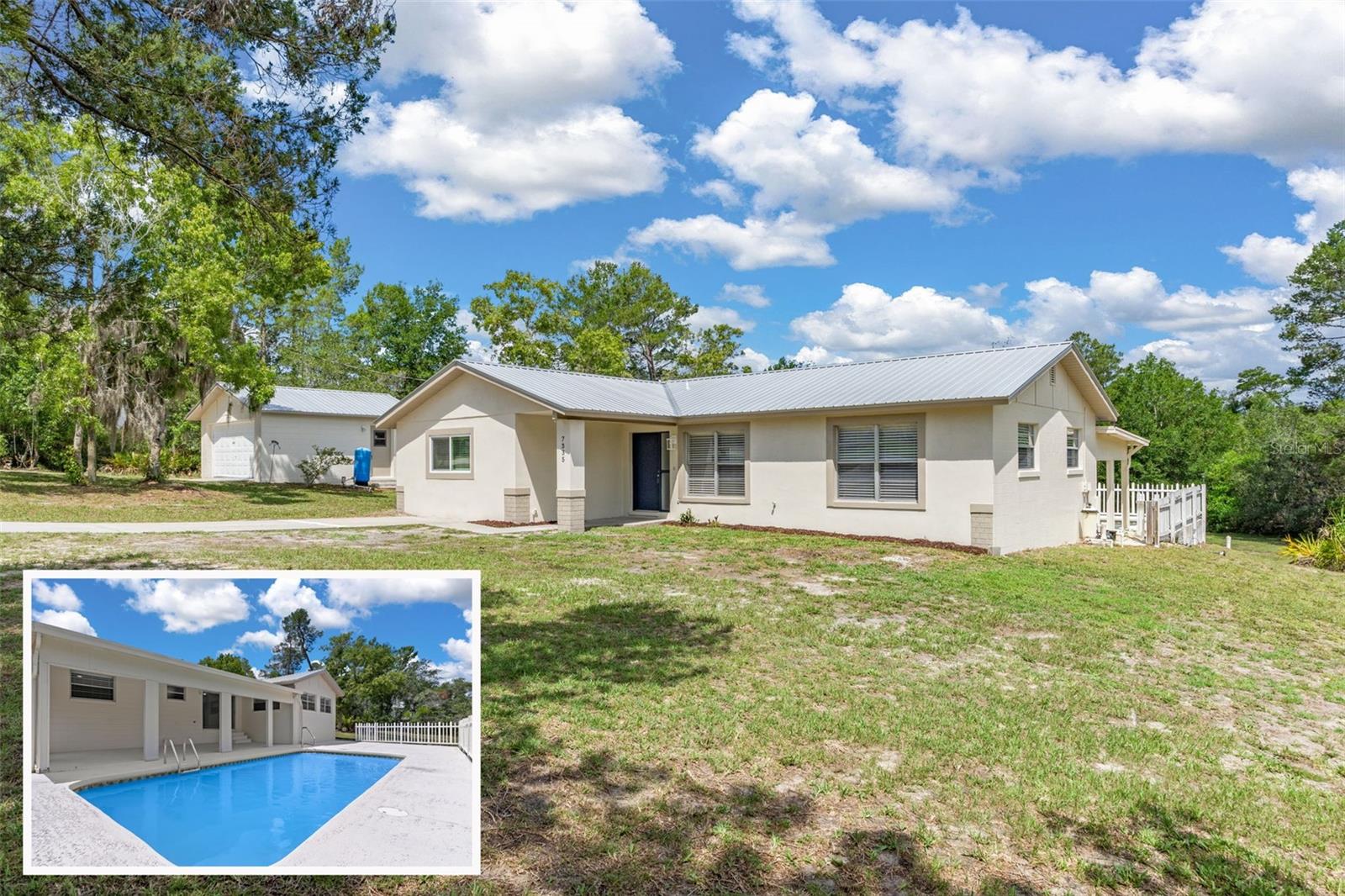 Virtually Staged. The home that has it all 1.25 ACRES, BLOCK CONSTRUCTION, POOL HOME, REMODELED, METAL ROOF Detached garage/shop and MORE!! Welcome to your own private slice of Florida paradise! Perfectly situated on 1.25 acres, this beautifully updated home offers 3 bedrooms, 2 bathrooms, and the ideal combination of modern upgrades, peaceful country living, and endless possibilities. Elevated on the property, the home enjoys a picturesque setting overlooking your land, creating beautiful views and added privacy while still being conveniently located just minutes from shopping, restaurants, hospitals, the gulf and the world-famous Weeki Wachee Springs. Built for lasting peace of mind, both the home and the detached garage feature block construction along with durable metal roofs, providing added reliability, longevity, and low maintenance ownership for years to come. Step inside and you'll immediately appreciate the bright, open layout featuring an abundance of recessed lighting throughout, luxury finishes, and a spacious split bedroom floor plan. The heart of the home is your stunning, fully updated kitchen boasting NEW cabinetry, gorgeous quartz countertops, a large waterfall edge along with sit at bar seating, a stylish new tile backsplash, premium stainless steel appliances, and ample space creating the perfect location for entertaining and interacting with family and friends. The spacious living and dining areas flow effortlessly, creating a warm and inviting atmosphere filled with natural light, and overlooking views of your sparkling pool. Your primary suite offers a relaxing retreat with its own en-suite bathroom with new fixtures, vanity and floor to ceiling tiled shower, while the guest bathroom has been completely remodeled with a brand-new vanity, updated fixtures, a new bathtub, beautiful custom tile work, and modern finishes that make it feel like your very own spa. Step outside and discover everything this incredible property has in abundance of. Whether you're looking for room to store your RV, boat, trailers, campers, or recreational vehicles, you'll have more than enough space. Bring your ATVs, side-by-sides, dirt bikes, and four-wheelers and enjoy riding right from your own property. The expansive acreage offers endless opportunities for outdoor adventures, gardening, animals, or simply enjoying the peaceful surroundings. Go explore the trails you have in your very own backyard. A standout feature is the impressive 20x20 detached garage/workshop, complete with its own private driveway, offering incredible flexibility. Whether you envision a workshop, hobby space, storage for all your toys, a home business, or even future conversion into additional living space or a guest suite, the possibilities are endless. With no HOA, 1.25 acres of stunning land, durable metal roofs on both the home and detached garage, solid block construction, modern upgrades throughout, and the perfect blend of privacy and convenience, this property truly offers the Florida lifestyle so many buyers are searching for. If you've been dreaming of country living without sacrificing modern comforts. Schedule your private showing today before this incredible opportunity is gone!