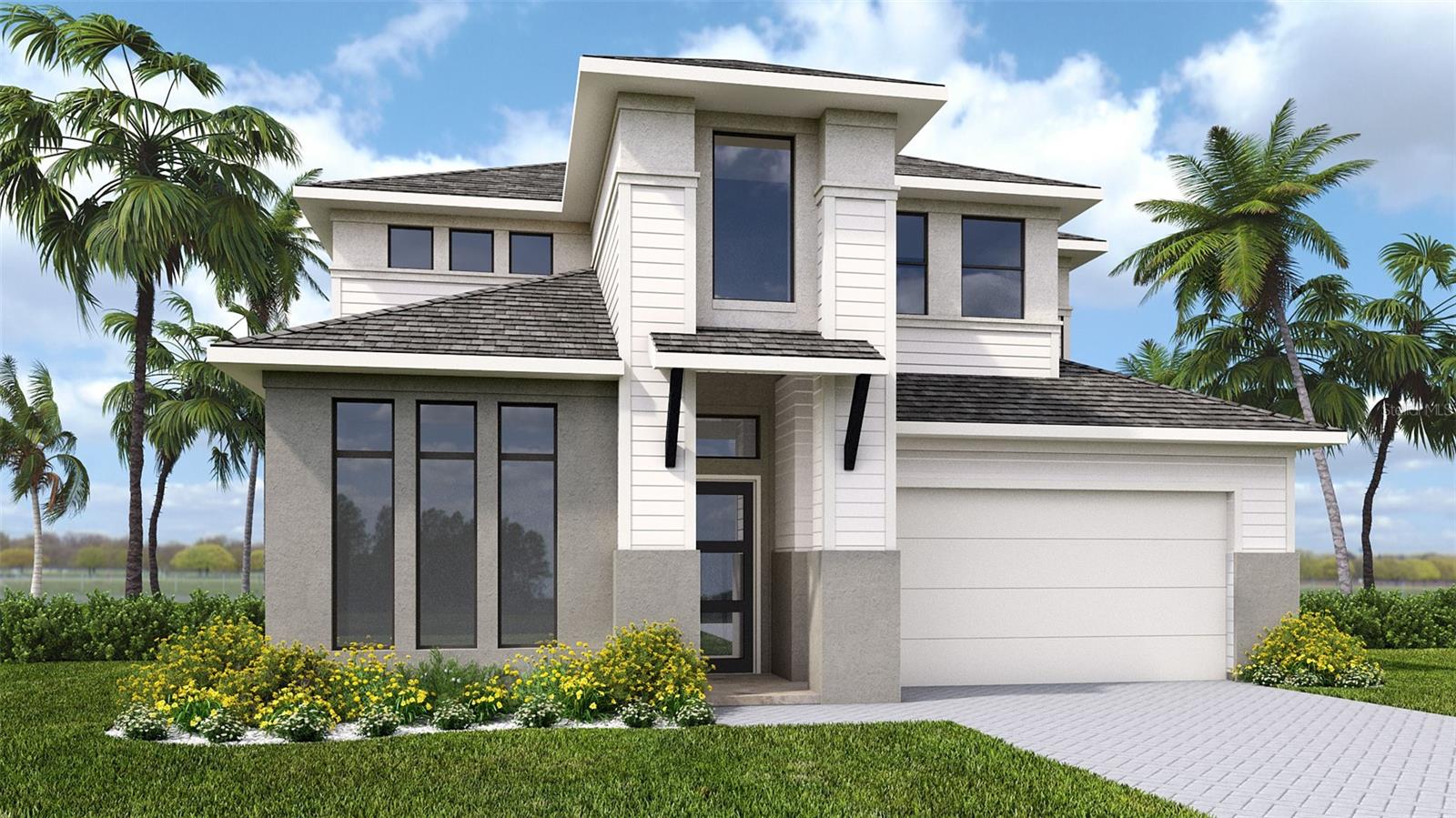 Under Construction. Front porch opens into a two-story entryway that is embraced by French doors that welcome you into the secluded home office. Past the staircase you enter the kitchen space which features an island with built-in seating, an electric radiant cooktop, and an oversized walk-in pantry. The dining area connects the space to the family room. Sliding glass doors that overlooks the backyard covered lanai and extended ceilings complete the family room. The primary bedrooms boasts three large windows. Double doors lead into the primary bathroom which features dual vanities, a freestanding tub, glass enclosed shower, and large walk-in closet. A secluded guest suite with a full bathroom is located across the dining area. Upstairs you are greeted by a large game room overlooking the first floor. Two secondary bedrooms and a full bathroom complete the second level. Ample storage space throughout the home along with a conveniently located laundry room off the drop zone. Two-car garage.