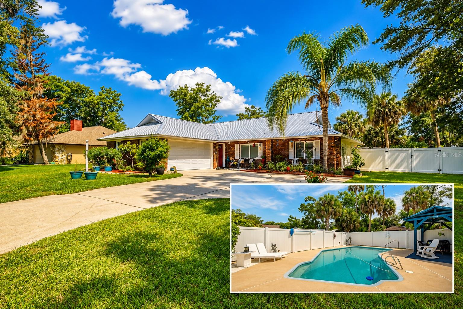 Welcome to Riverwood Plantation subdivision in Port Orange, Florida. This 3-bedroom, 2-bath pool home offers 1,272 square feet of living space on a spacious .28-acre lot, blending comfort, outdoor living, and an ideal location near the Intracoastal Waterway.

Built with durable brick and block construction, this home features a large inground pool, a 16'x10' wooden gazebo, greenhouse, storage shed, and a PVC-fenced backyard installed in 2023. Recent updates include a metal roof (2023), sliding patio doors (2024), primary bath remodel (2024), HVAC and water heater (2020), pool pump (2024), and built-in garage storage cabinets. The kitchen was updated in 2013, and the guest bath was remodeled in 2019.

An added bonus is the optional community association membership, offering access to a variety of recreational amenities. Members can enjoy the community pool, clubhouse, ball courts, boat launching area, and playground. Whether you're looking to spend the day on the water, stay active outdoors, or take advantage of the neighborhood gathering spaces, these amenities provide additional opportunities to enjoy the Riverwood lifestyle while maintaining the flexibility of optional participation.  Currently the option to join the HOA is $268 Quarterly with a one year, up front payment and then quarterly payments after year one.

Located near All Children's Park, Neighbor's Ice Cream Parlor, Publix, Aldi, BJ's, LA Fitness, Tractor Supply, dining, and everyday conveniences. If you're searching for homes for sale in Port Orange with a pool and easy access to the river and Intracoastal lifestyle, this property is ready to explore.
