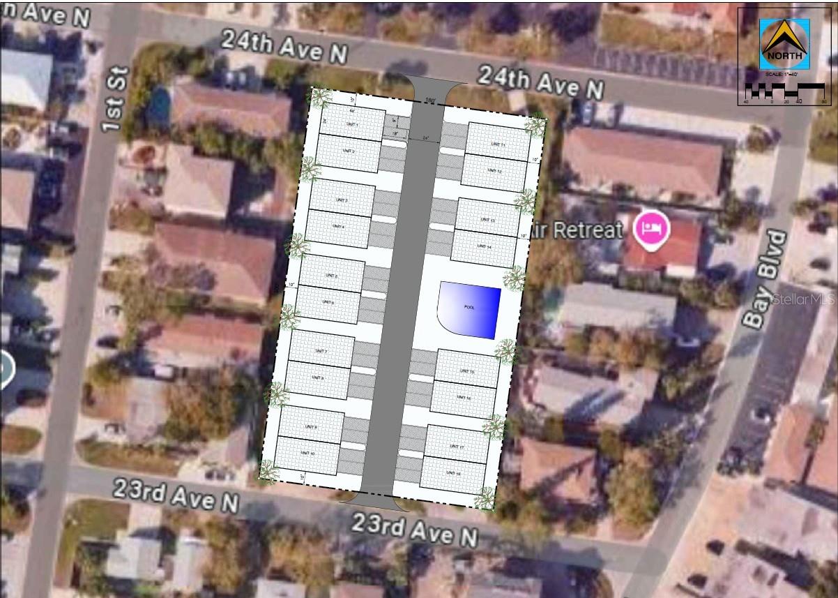 1.24 Acre lot. Redevelopment site.  Zoning must be changed because it is designated Church. The city said it should be a PUD (must verify with city) Can possibly build 9 duplexes (18 units) with pool.