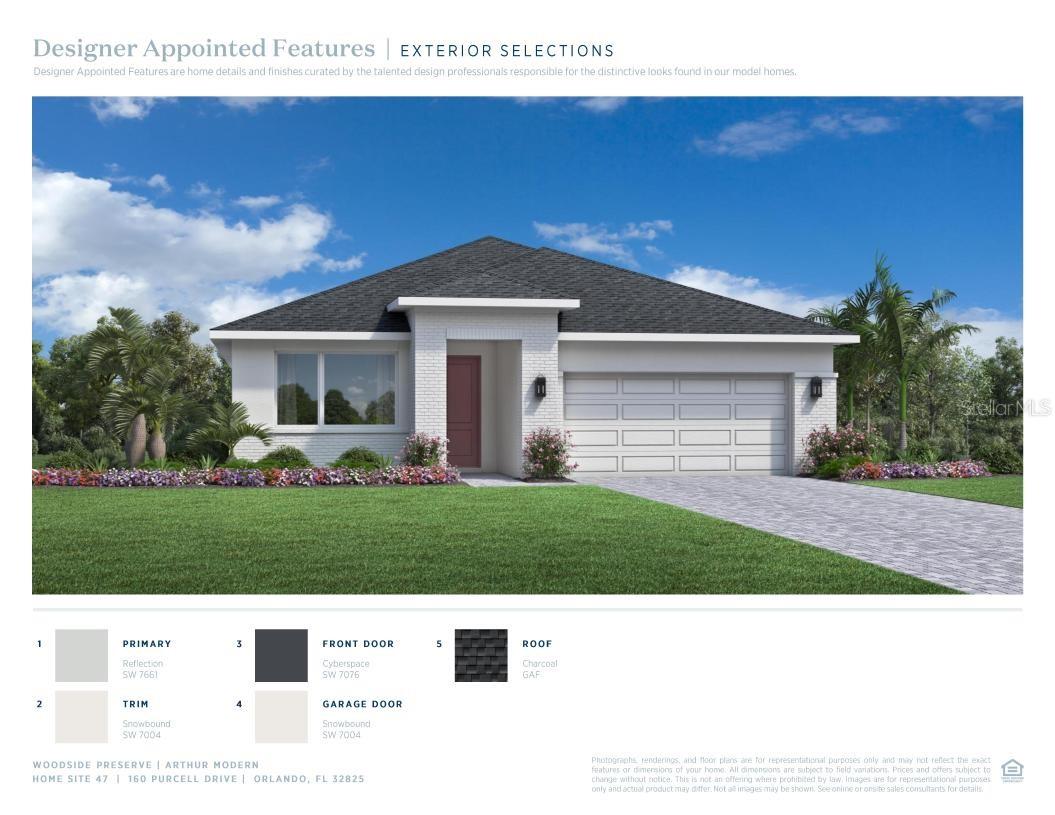 The Arthur exemplifies luxury and elegance with its thoughtful design and modern features. This stylish single-story floor plan boasts an open-concept main living space highlighted by a spacious great room that offers direct access to a beautiful covered lanai. Overlooking a cozy casual dining area, the kitchen is well-appointed, offering a large center island and a generous walk-in pantry. The primary bedroom suite is a luxurious retreat enhanced with a sizable walk-in closet and a serene private bath complete with dual sinks, a large shower, and a private water closet. Two secondary bedrooms are conveniently located off the foyer, sharing a full bath. The Arthur also offers a versatile flex room, easily accessible laundry, and ample storage throughout
