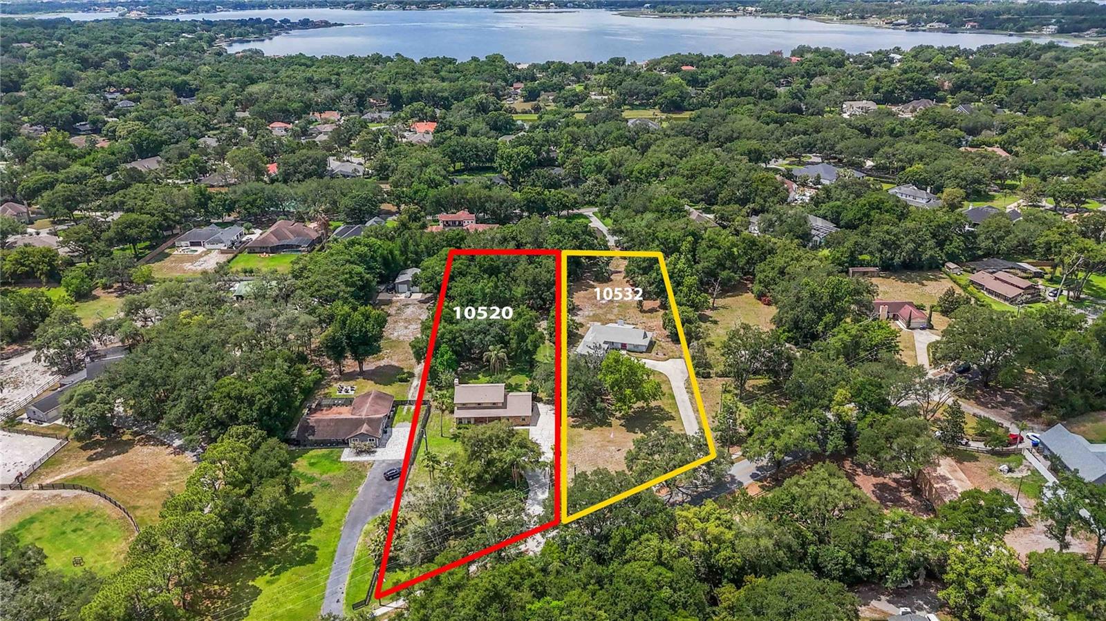 This listing presents two distinct 1+ acre residential properties, located at 10532 & 10520 Park Ridge Gotha Rd, offering a unique opportunity: a 2.522-acre residential estate parcel situated in Windermere, Florida. The two adjacent lots, both exceeding one acre, currently feature vacant, yet well-maintained, older single-family homes. Windermere is renowned as one of Central Florida's most desirable, high-end luxury communities. Orange County's A1 zoning permits one single-family home per acre, in addition to horses, agricultural activities, barns, nurseries, sheds, etc. The property offers ample space for various amenities, including a pool, summer kitchen, tennis court, playground, or horses  and stables. The neighborhood is predominantly comprised of large, luxury residences. The land is high and dry & flat and level, with only a few mature trees. This premium location provides convenient access to numerous retail developments, hospitals, expressways, restaurants, entertainment venues, golf courses, Publix, Walmart, and other popular shopping areas. Please be advised that these two parcels can only be purchased together as a package; they are not available for individual purchase.  Note the attachments for aerial video, surveys, floor plans, and other descriptions.