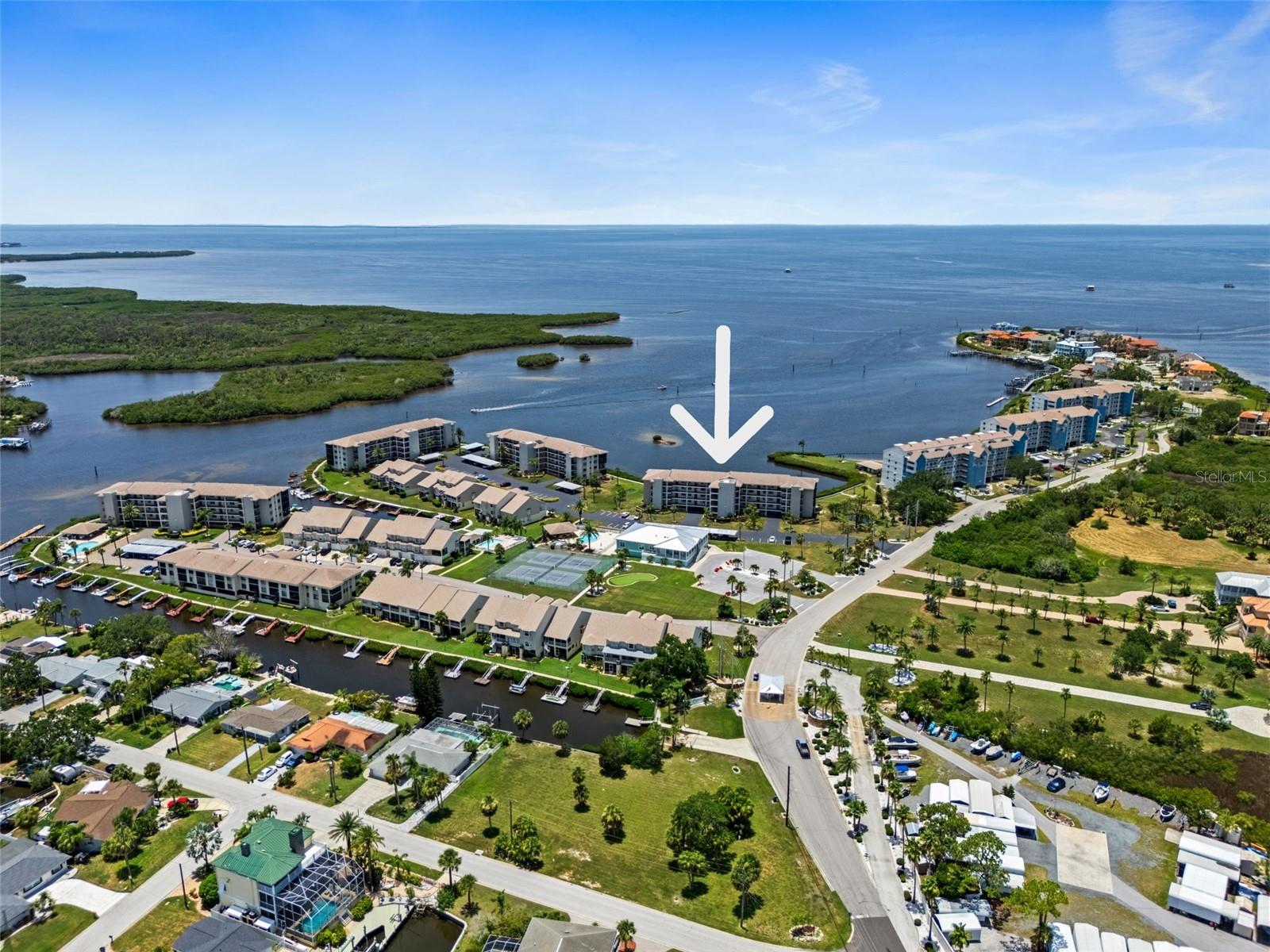 Beautiful 3rd floor condo with DIRECT WATERFRONT VIEW of the GULF OF MEXICO. This immaculate, condo has waterfront view from almost every room. This unit will convey sofa, recliner, end tables and coffee table, brand new big screen TV, dining table with four chairs, King bed with nightstands, Queen bed with nightstand. The kitchen is light and bright with white cabinets and white appliances. Living/Dining combo has nice laminate flooring, guest bedroom with carpet, guest bath with shower/tub, master suite with carpet, walk in closet, built in vanity/desk, private bath with shower/tub. AC 2023, new garbage disposal 2024, all windows and sliders impact rated. Ceiling fans in each bedroom, living room and lanai area. One assigned under building parking and assigned storage locker. 
***OWNER MAY ENTERTAIN SELLER FINANCE WITH A LARGE DOWNPAYMENT. PRESENT YOUR OFFER AND SELLER WILL RESPOND.***

Gated community with 24 hour security, two pools, community boat ramp, waterfront boardwalk, tennis, pickleball, putting green and more! Impressive clubhouse with fitness, library, game tables and card rooms. RV/Boat parking and Kayak rack storage upon availability with additional fee. Are you a Boater? Phase one Owners can purchase a private dock (upon availability with additional fee). Close to restaurants, shopping, medical, waterfront dining, waterfront activities, close to historic downtown New Port Richey. Approx 20 min to Tarpon Sponge Docks, approx 40 minutes to Caladisi and Honeymoon Island, approx. 60 minutes to Clearwater Beach, approx. 60 minutes to Tampa airport, cruise port, theme parks. Don't miss the opportunity to enjoy sunsets and your piece of Sand Pebble paradise while prices are still affordable. NO PETS, NOT AGE RESTRICTED. 
Dues include: Cable, Trash, Wifi, use of amenities listed above, exterior hazard insurance and flood insurance, grounds, 24 hour security,lawn, 
landscaping and maintenance. ******Seller may consider OWNER FINANCING for qualified Buyer with agreeable terms.