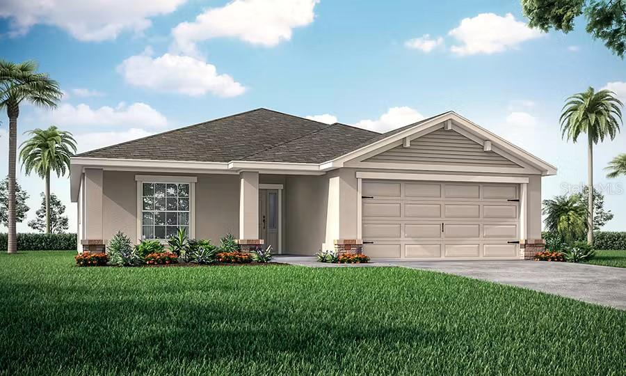 Under Construction. New construction home with 1819 square feet on one-story including 4 bedrooms, 2 baths, and an open living area. Enjoy an open kitchen with Quartz countertops, Samsung stainless steel appliances, a walk-in pantry, and a spacious counter height island, fully open to the dining café and gathering room. The living area, laundry room, and baths include luxury wood vinyl plank flooring, with stain-resistant carpet in the bedrooms. Your owner's suite is complete with a walk-in wardrobe and a private en-suite bath with dual vanities, a tiled shower, and a closeted toilet. Plus, enjoy a covered lanai, 2-car garage, custom-fit window blinds, architectural shingles, energy-efficient insulation and windows, and a full builder warranty. "Please note, virtual tour/photos showcases the home layout; colors and design options in actual home for sale may differ. Furnishings and decor do not convey.