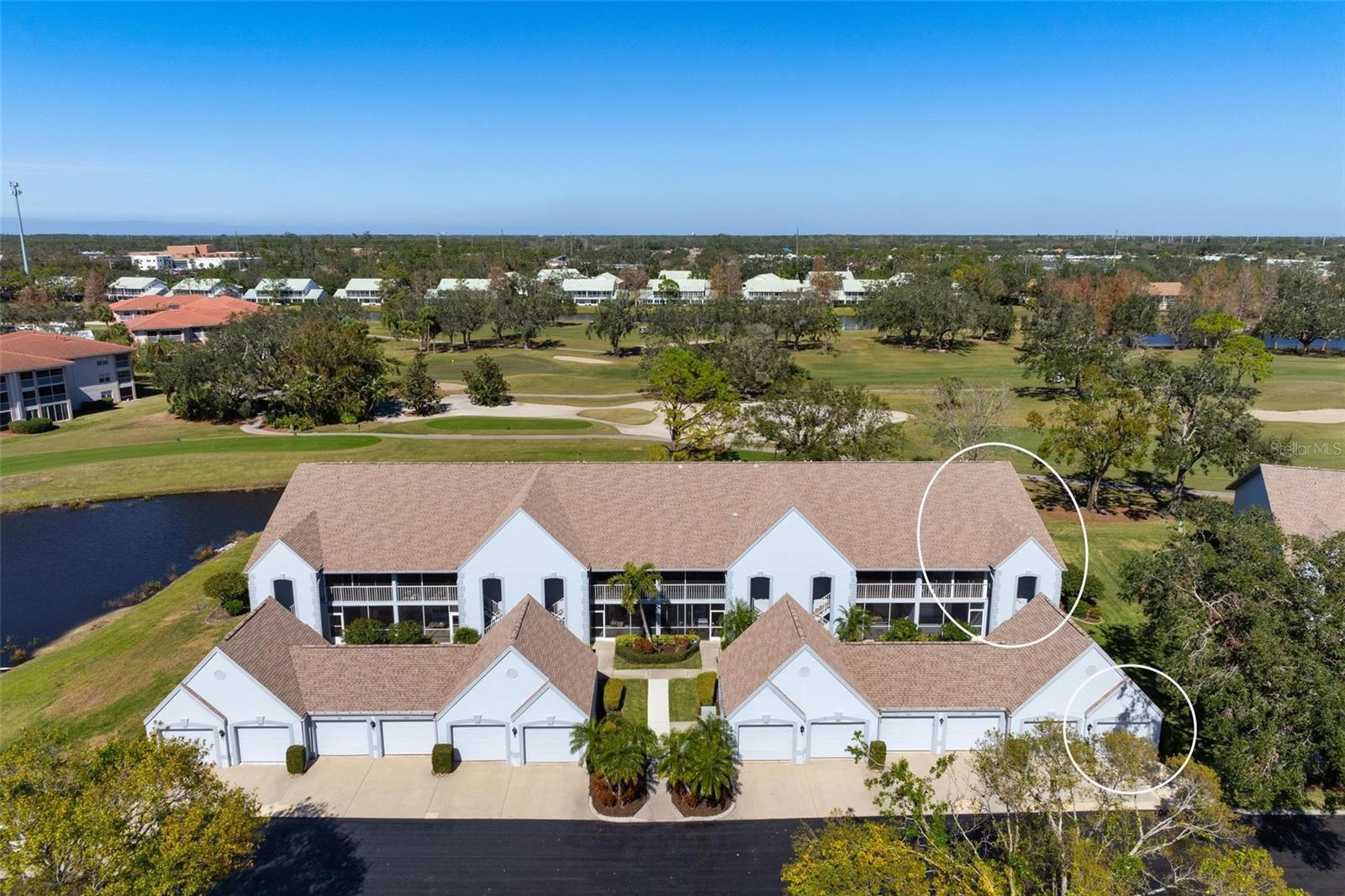 Enjoy maintenance-free living and beautiful golf course views in this beautifully updated 2-bedroom, 2-bath furnished condo with a den, located in the highly desirable Tara Golf & Country Club. Situated on the second floor, this light-filled end unit features soaring vaulted ceilings and overlooks the picturesque 6th green. Recent tree trimming has significantly enhanced the golf course view, allowing you to fully appreciate the tranquil setting from the rear lanai, accessible from both the living room and primary suite. A second screened front lanai with vinyl sliders provides additional outdoor living space and features sliding glass doors that open directly into the kitchen, creating wonderful cross-breezes and flexibility for entertaining. The current owners have completed extensive updates, including luxury vinyl plank flooring throughout the main living areas, new carpeting in the bedrooms, removal of popcorn ceilings, fresh interior paint, updated electrical panel, AC, hot water heater, washer, dryer, and refrigerator. Both the bathrooms have been refreshed with quartz countertops, new sinks, and faucets. The flexible den offers perfect space for a home office, media room, or potential third bedroom, featuring double pocket doors, custom built-ins, and plantation shutters. This delightful condo comes with a Class A equity golf membership to Tara Golf & CC, and their 18-hole championship course, fitness center, Clubhouse with fine dining, grill room, pool, tennis courts. Tara is also not far from the activities of Lakewood Ranch and all it has to offer, and a short drive to downtown Bradenton and Sarasota, and beautiful beaches to enjoy.
