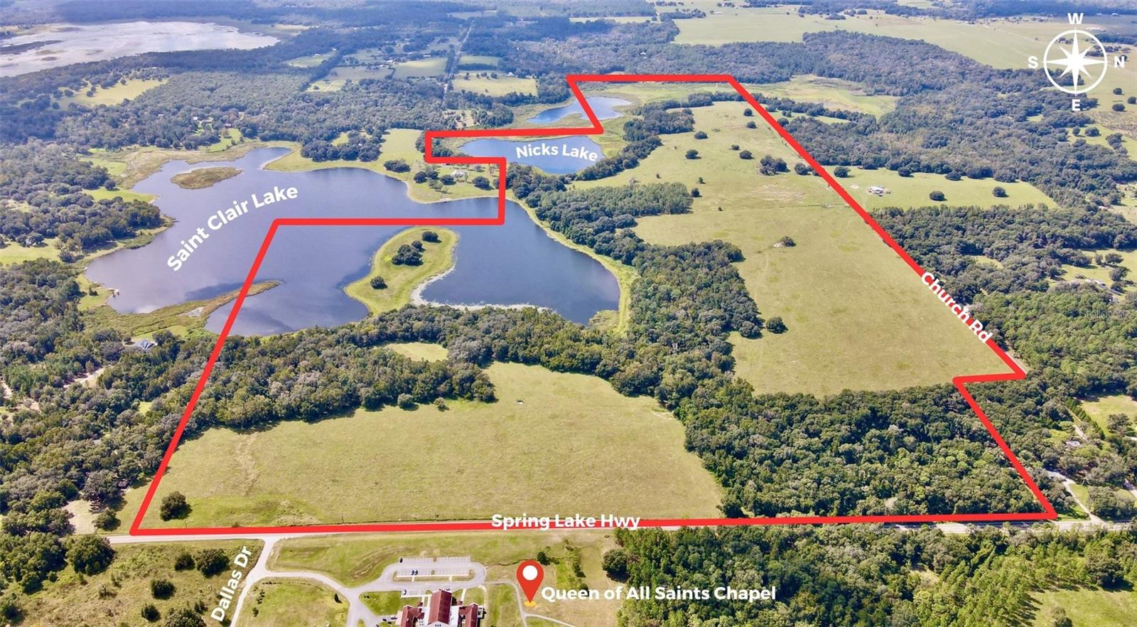 The St. Clair Lake Ranch is a 346-acre lakefront property on Spring Lake Highway in Brooksville. This sprawling ranch features rolling hills, improved pastures, and frontage on two shimmering lakes (St. Clair Lake and Nicks Lake). Improvements include cattle pens, one 4" well, and perimeter and cross fencing.

This ranch offers a rural setting while still being within an easy commute to the downtown life, allowing easy enjoyment of both lifestyles. Its diverse habitat, including shrubbery, wildflowers, oak hammocks, planted pine, and woods, bring the property to life.

The property is zoned AG (Agricultural) and has future land use of Rural. It's estimated to consist of 225 acres of uplands and 121 acres of wetlands/lowlands. It has frontage on two roads - Church Road (2,000 ft) and Spring Lake Highway (2,800 ft).

St. Clair Lake Ranch is located on the west side of Spring Lake Highway (County Road 541) in Brooksville in southern Hernando County. It's less than one mile north of the Pasco County/Hernando County line.

The property is centrally situated between downtown Brooksville and downtown Dade City. Local shops, restaurants, medical facilities, and schools are all easily reachable within 15 minutes. Due to its close proximity to I-75, lively downtown Tampa (30+ minutes), Tampa International Airport (40 minutes), and downtown St. Petersburg (1 hour) are all readily accessible.

Approximately 85 acres has been sold, and 161 acres are currently under contract.