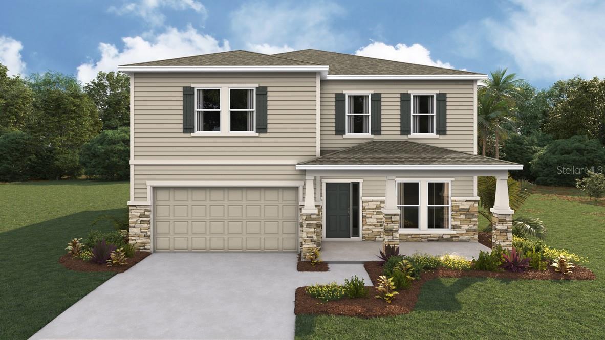 One or more photo(s) has been virtually staged. Under Construction. This two-story home has a large open concept first floor with a kitchen overlooking the great room, dining area, and a covered lanai. A flex room at the entrance of the home, as well as a spacious guest bedroom and full bathroom, complete the first floor. Upstairs, Bedroom 1 with an ensuite bath, three additional bedrooms, a third full bathroom, and a well-appointed laundry room surround a large bonus living room. This home comes with an installed stainless-steel dishwasher, electric range, and microwave. Pictures, photographs, colors, features, and sizes are for illustration purposes only and will vary from the homes as built. Home and community information including pricing, included features, terms, availability, and amenities are subject to change and prior sale at any time without notice or obligation. CRC057592.