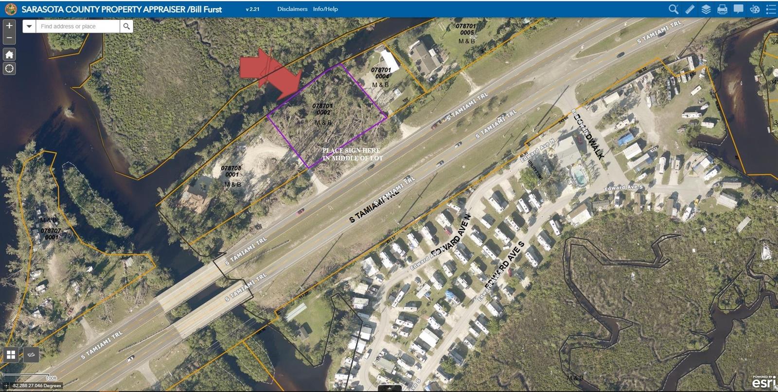 Over a half an acre on the Myakka River and U.S 41. 200 feet of river frontage with a boat basin. Ready to built your home. Minutes away from I-75, shopping, restaurants, and a short drive to the beach. A year round destination for fishing, boating and vacationing.