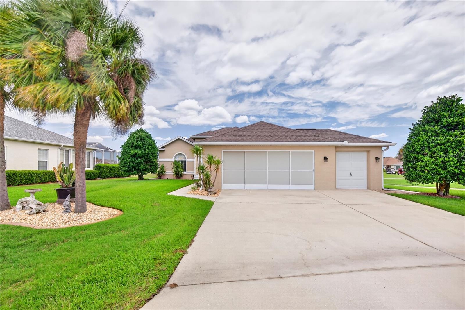 Beautiful Updated Golf Front Home in Ocala Palms! Come see this 3 Bedroom 2 Bath 2 car plus golf cart garage, thoughtfully updated! Home is located right on the 13th Hole and has a stellar view of the golf course. As you walk into this home you are greeted with an open concept Living/Dining/Kitchen combo with cathedral ceilings with Large sliders going out to the Florida Room. The Kitchen and both Bathrooms have Granite counter tops. As you walk through the kitchen and laundry room, you walk out to the well maintained 2 car + golf cart garage (golf cart included!!). The Master Suite is located in the back of the home, and has a large ensuite bathroom, double vanities, glassed in showers, and tasteful updates throughout. It also has its own private access to the Florida Room! This Florida Room is 10 FT by 25 Ft, providing ample space to enjoy throughout the year. If that wasn't enough, there is an additional 9.5 ft by 25 ft screened lanai just out the door of the Florida Room, giving you ample covered space to grill, hosting, or just watch the putting on the 13th Hole!

Ocala Palms is a gated golf community, with 24-hour guard, and has an abundance of amenities included. Indoor and Outdoor pool, Tennis/pickleball courts, Fitness center, and the huge Clubhouse are just the beginning of the many benefits. The home can also come partially furnished, reach out for more details and schedule your showing today!